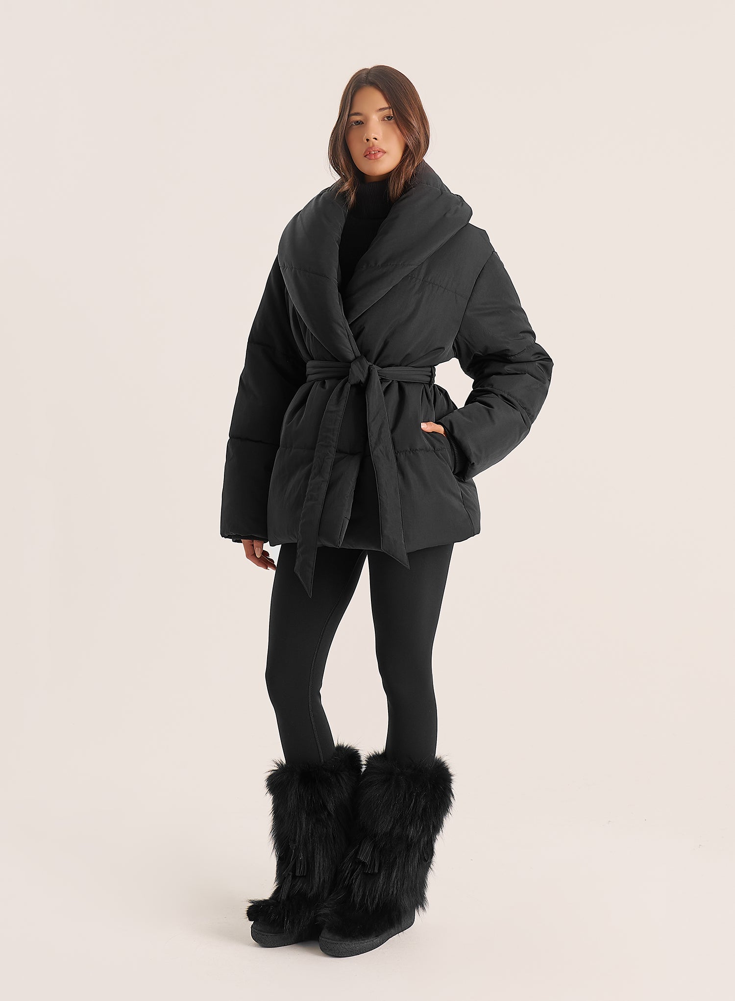 Black Wrap Waist Belted Puffer Coat