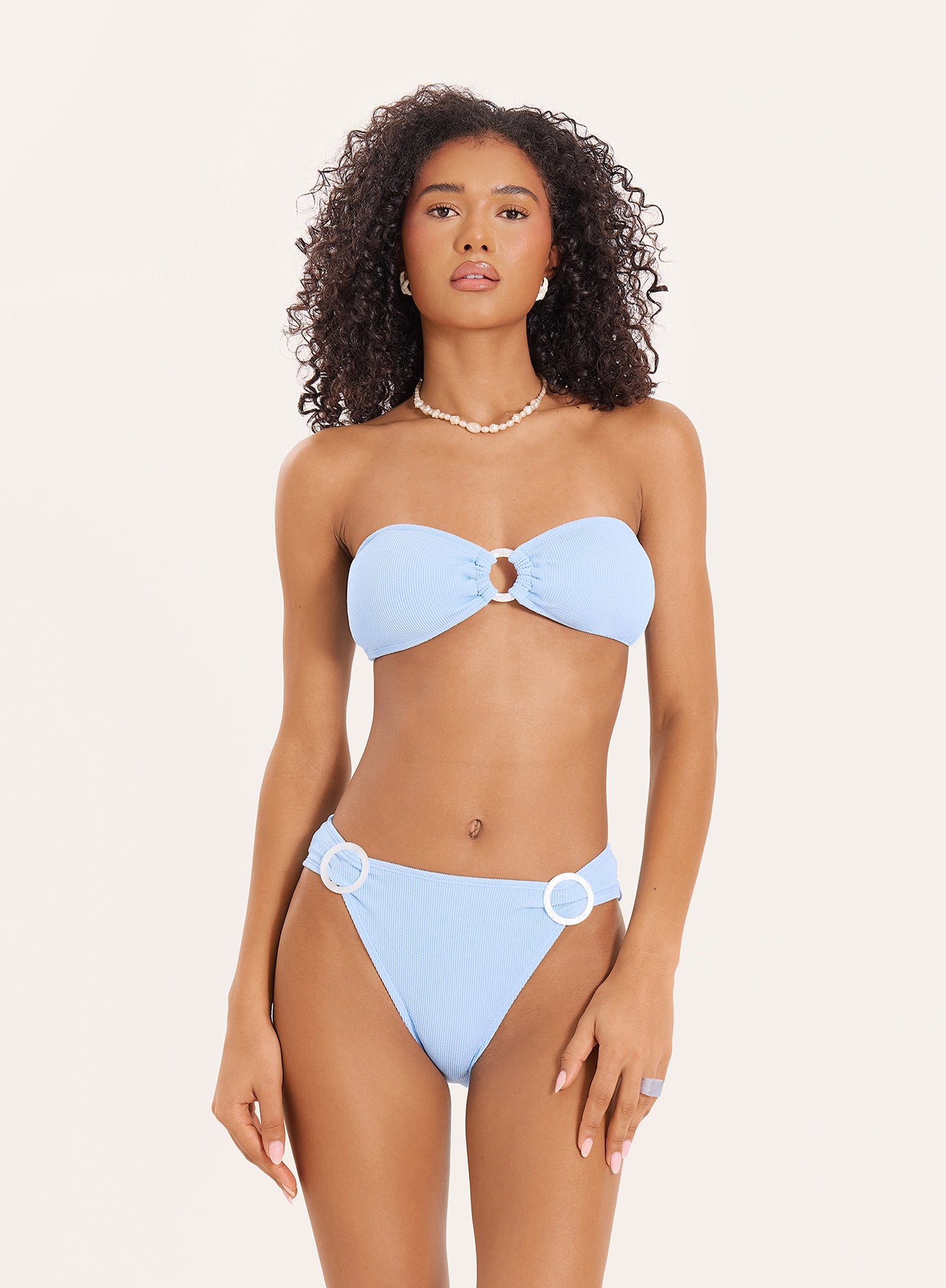 Light Blue Pearl Ring Crinkle Bandeau Bikini Top