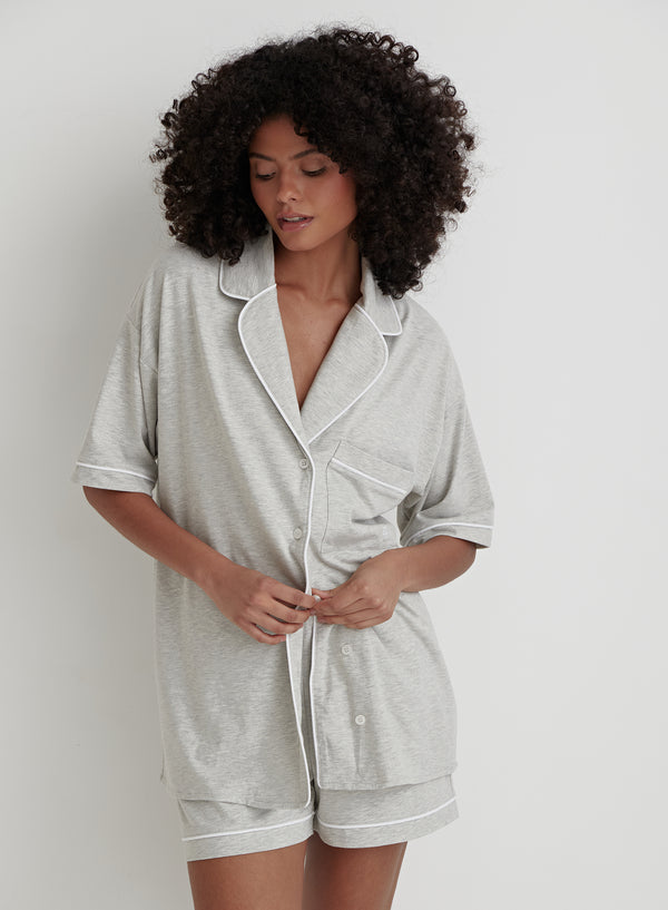 Grey Marl Jersey Pyjama Short Sleeve Shirt- Chelsie