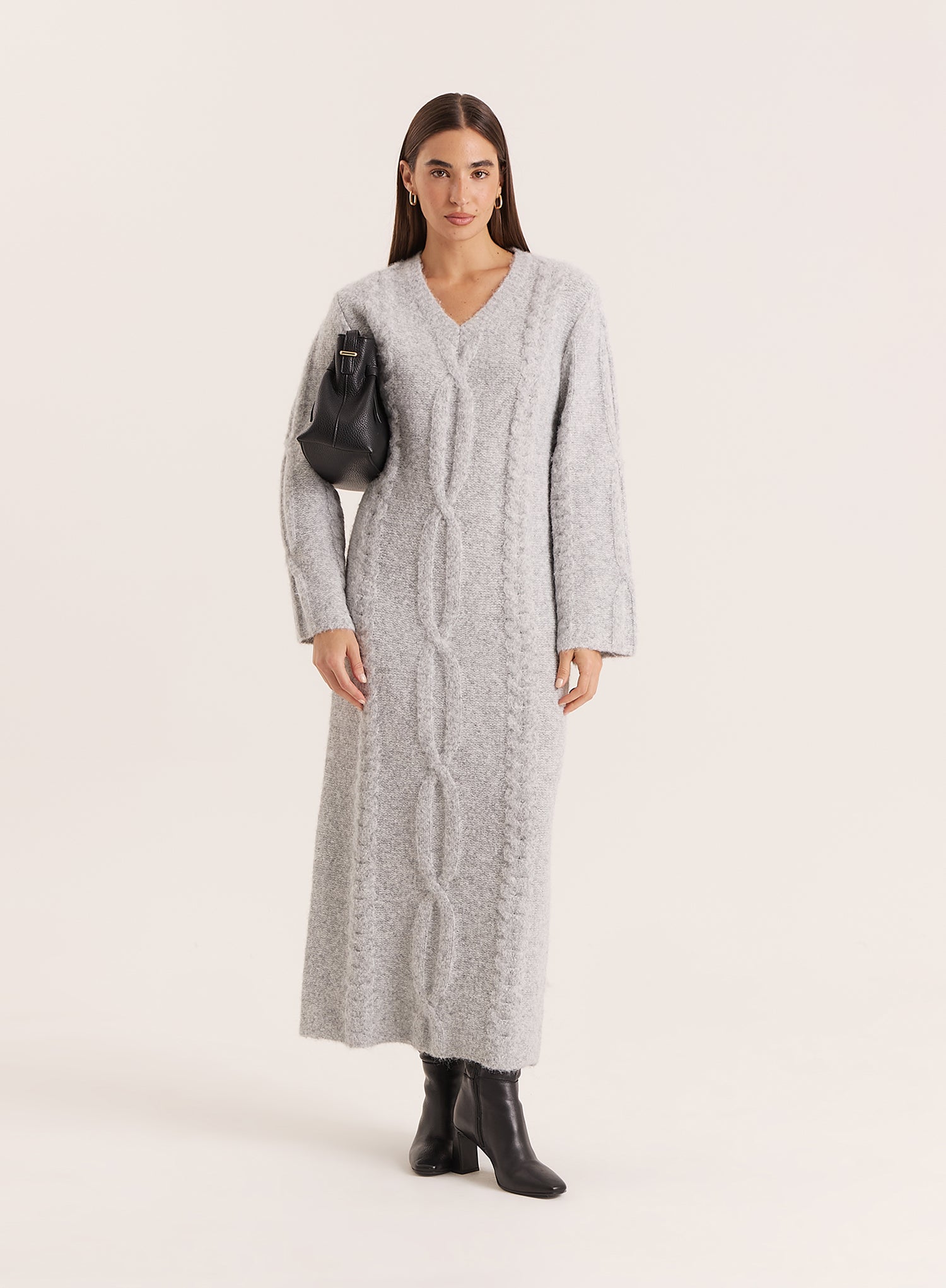 Light Grey Chunky Knit Wool Blend Maxi Dress