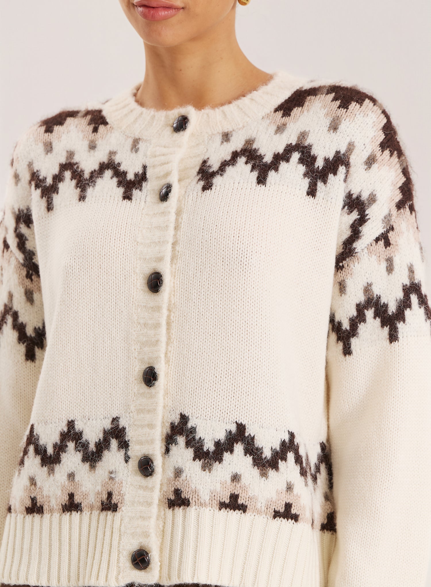 White Knitted Fairisle Button Front Cardigan
