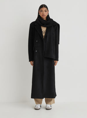 Black Tailored Oversized Maxi Coat With Scarf- Melia