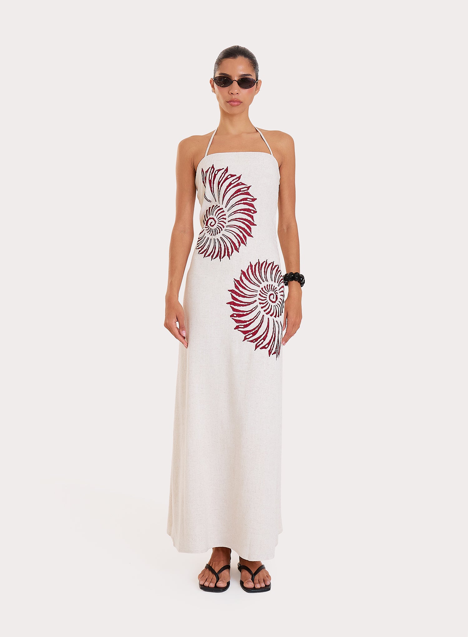 Cream Linen Blend Embroidered Shell Halterneck Maxi Dress