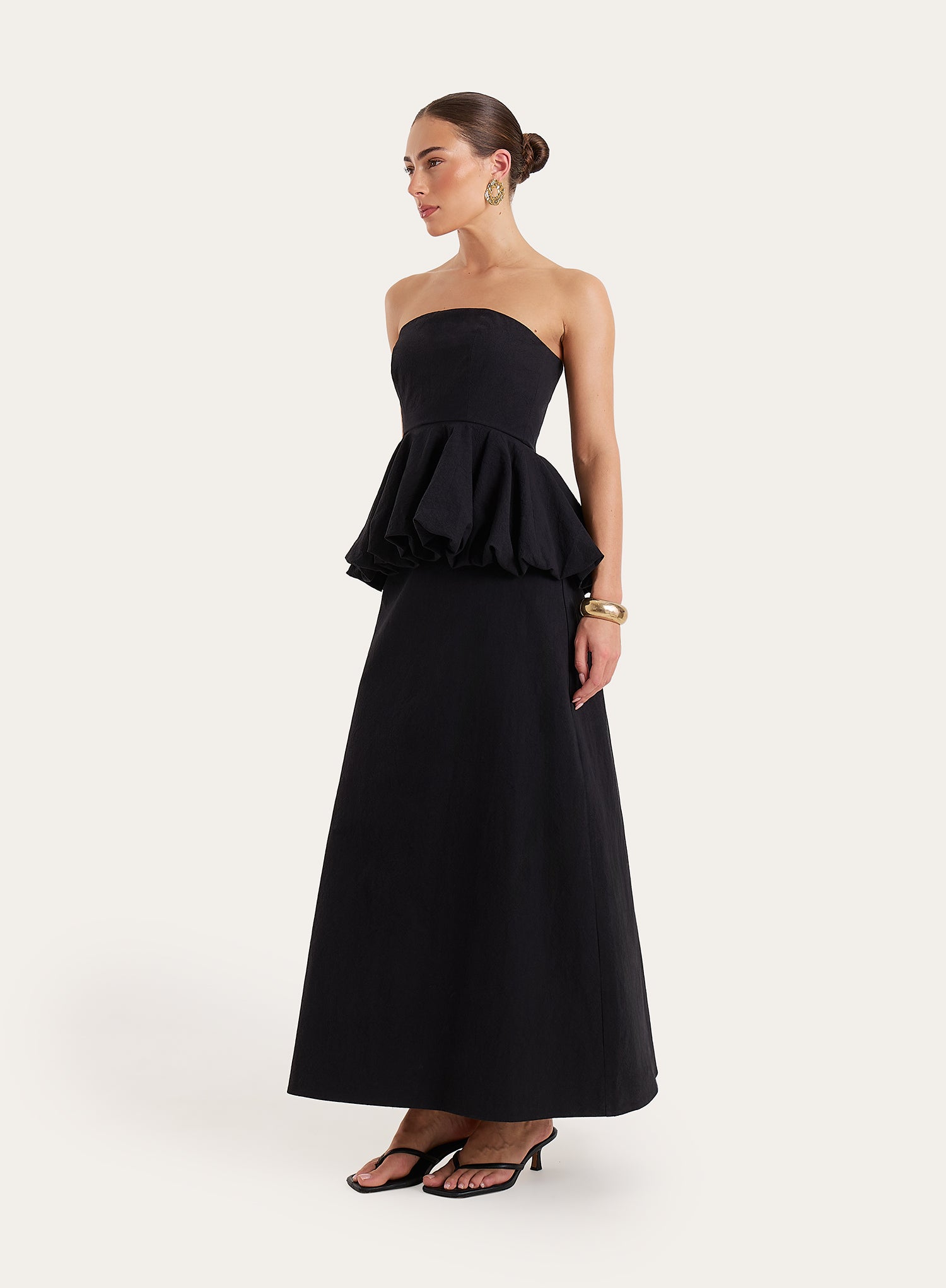 Black Puff Ball Peplum Waist Maxi Dress