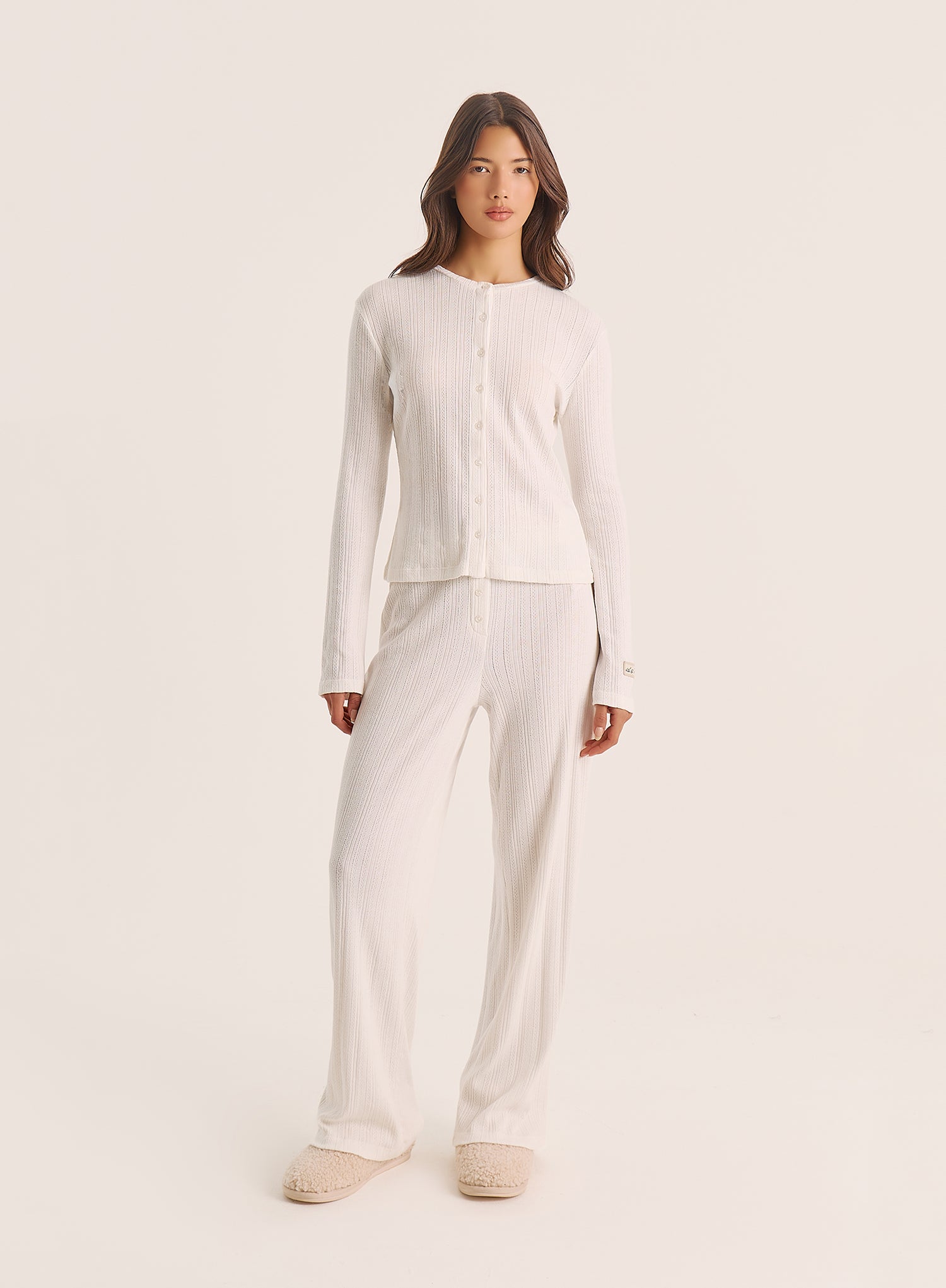 Ecru Pointelle Long Sleeve Buttoned Top