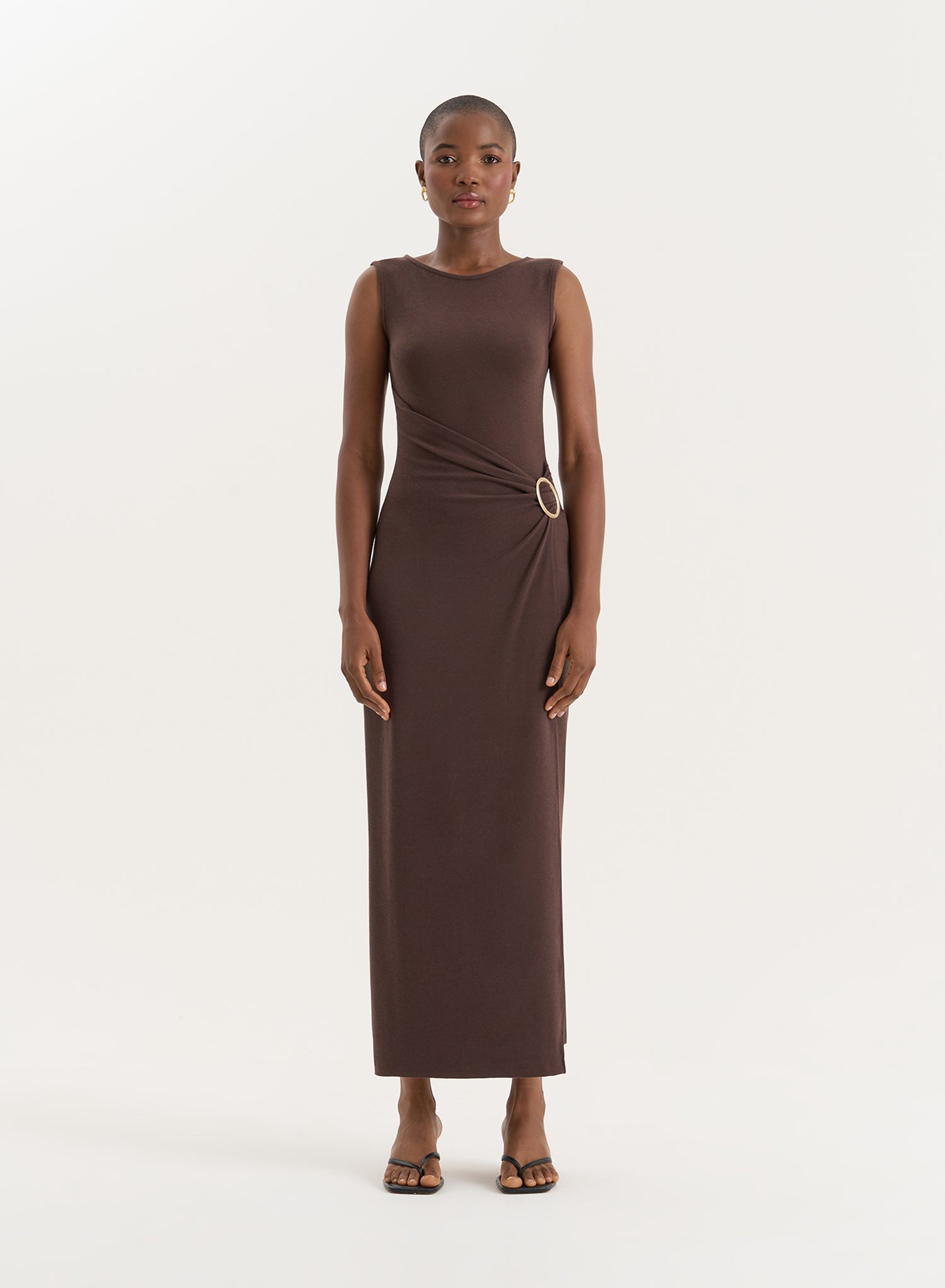 Women's Chocolate Gathered Waist Jersey Maxi Dress | Nia