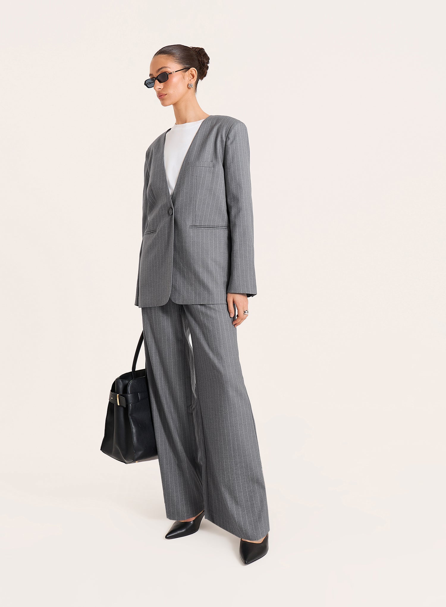 Grey Pinstripe Collarless Blazer