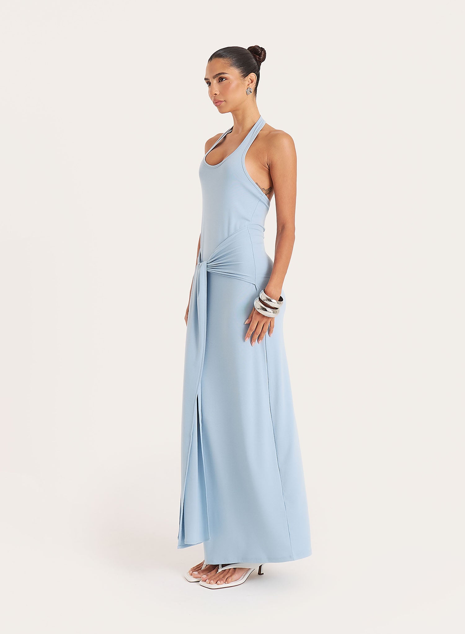 Blue Halterneck Belt Detail Maxi Dress