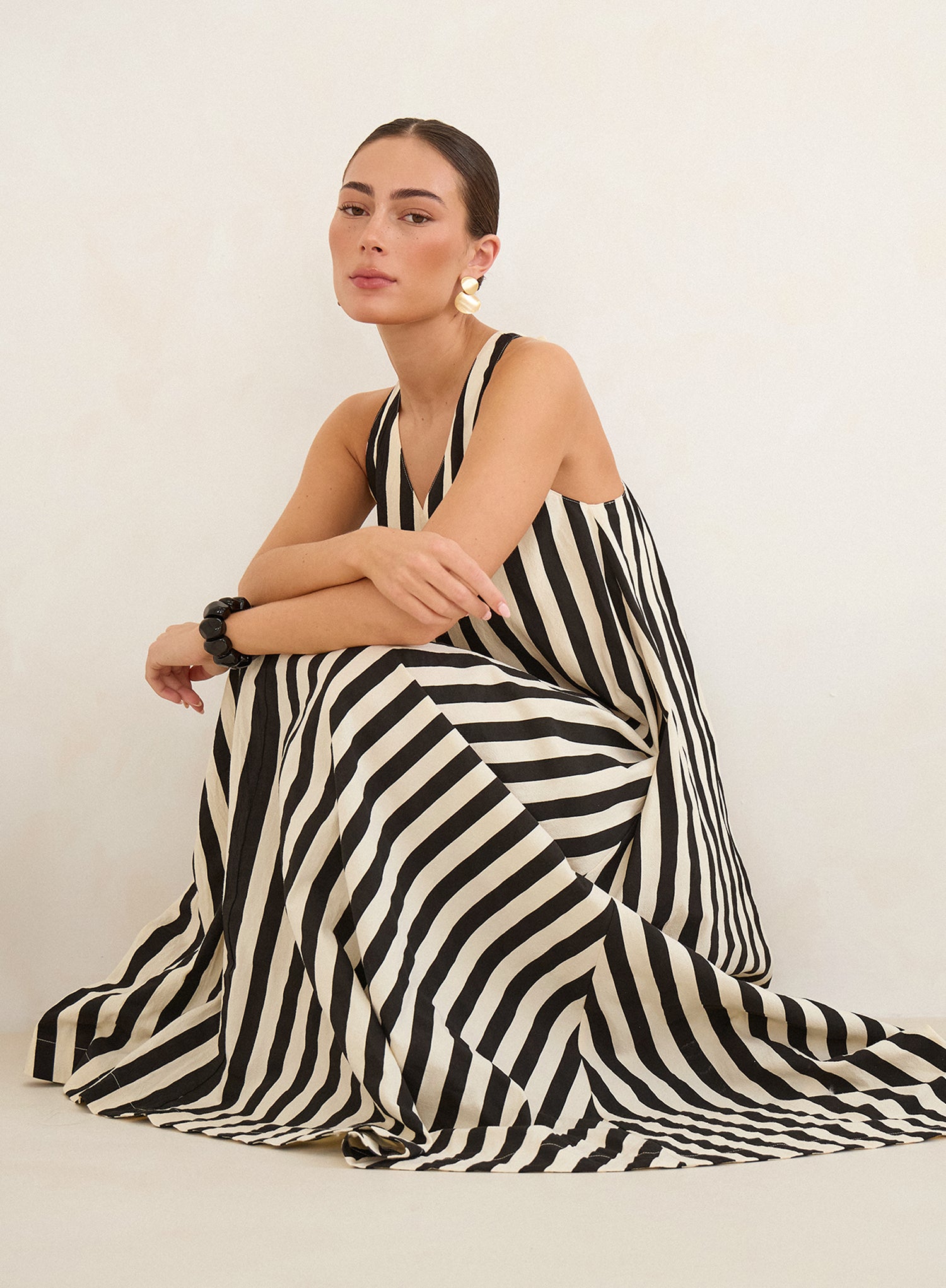 Black And Cream Stripe Cotton Trapeze Maxi Dress