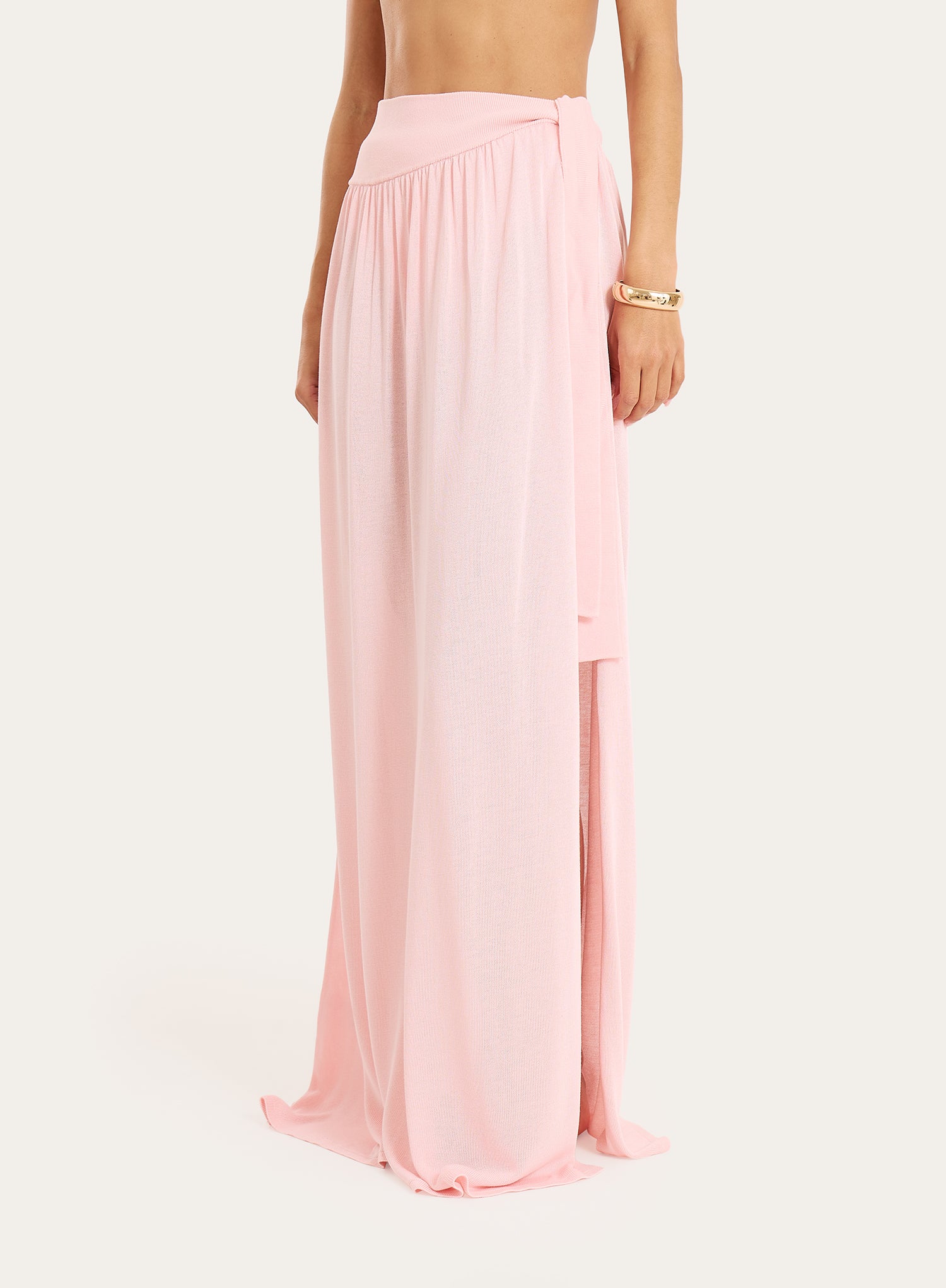 Pink Belt Detail Semi Sheer Thigh Split Maxi Skirt