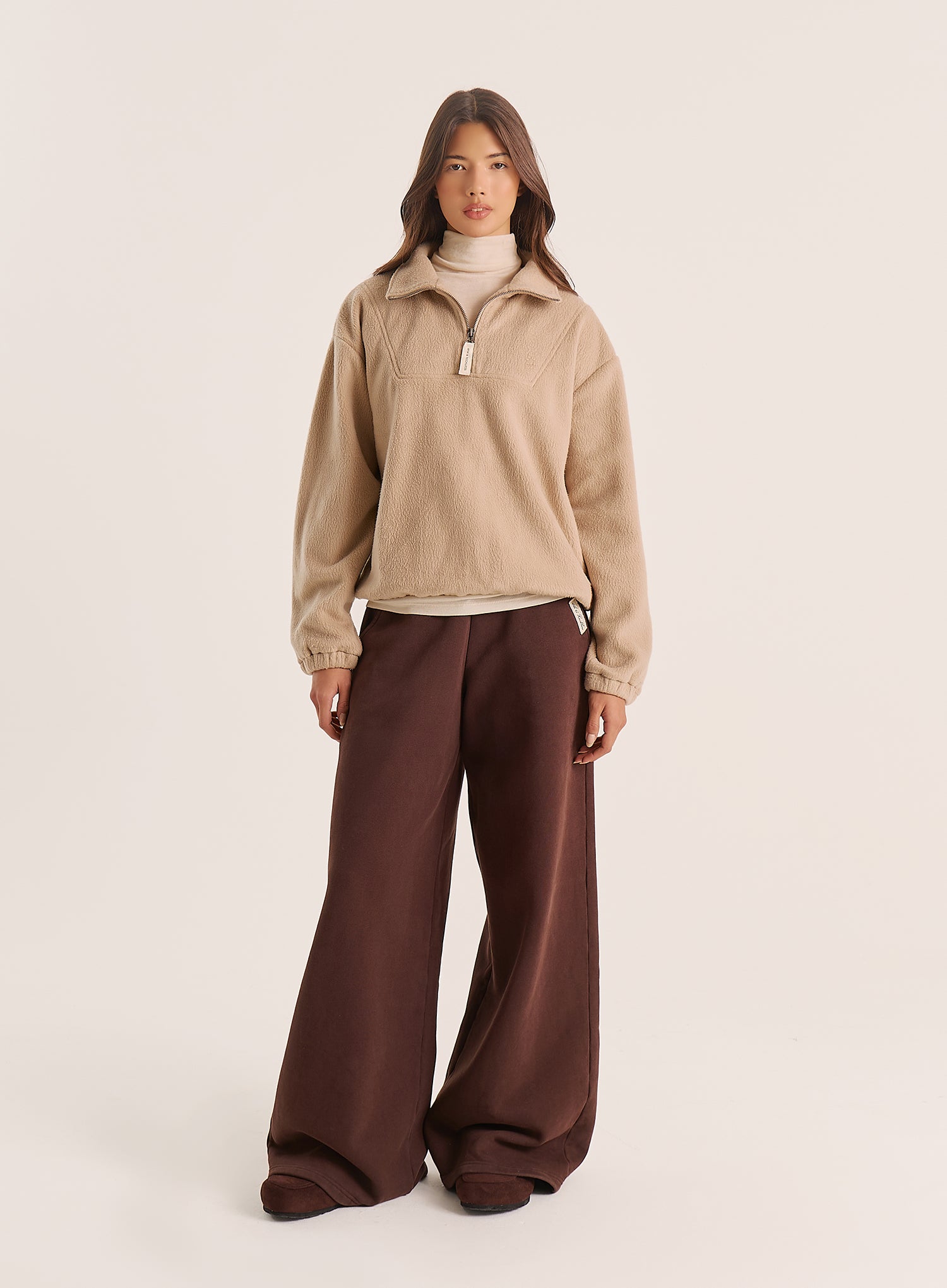 Beige Fleece Toggle Hem Collared Zip Sweatshirt