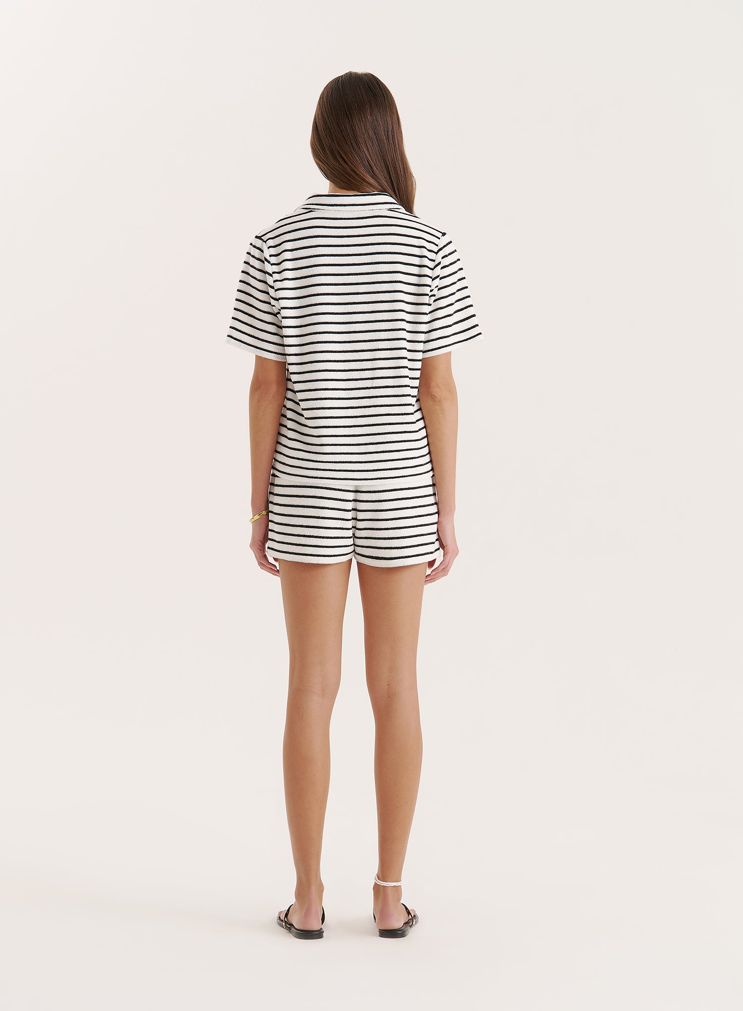 Black And White Stripe Towelling Short Sleeve Polo Top