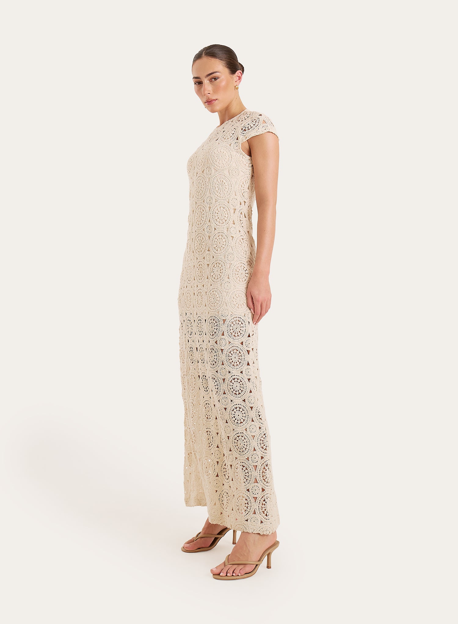 Cream Crochet Cap Sleeve Maxi Dress