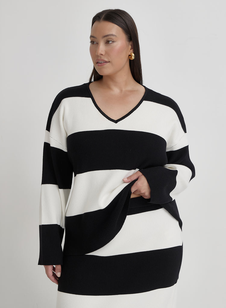 Black And Cream Curve Stripe Knitted Jumper- Jacqueline