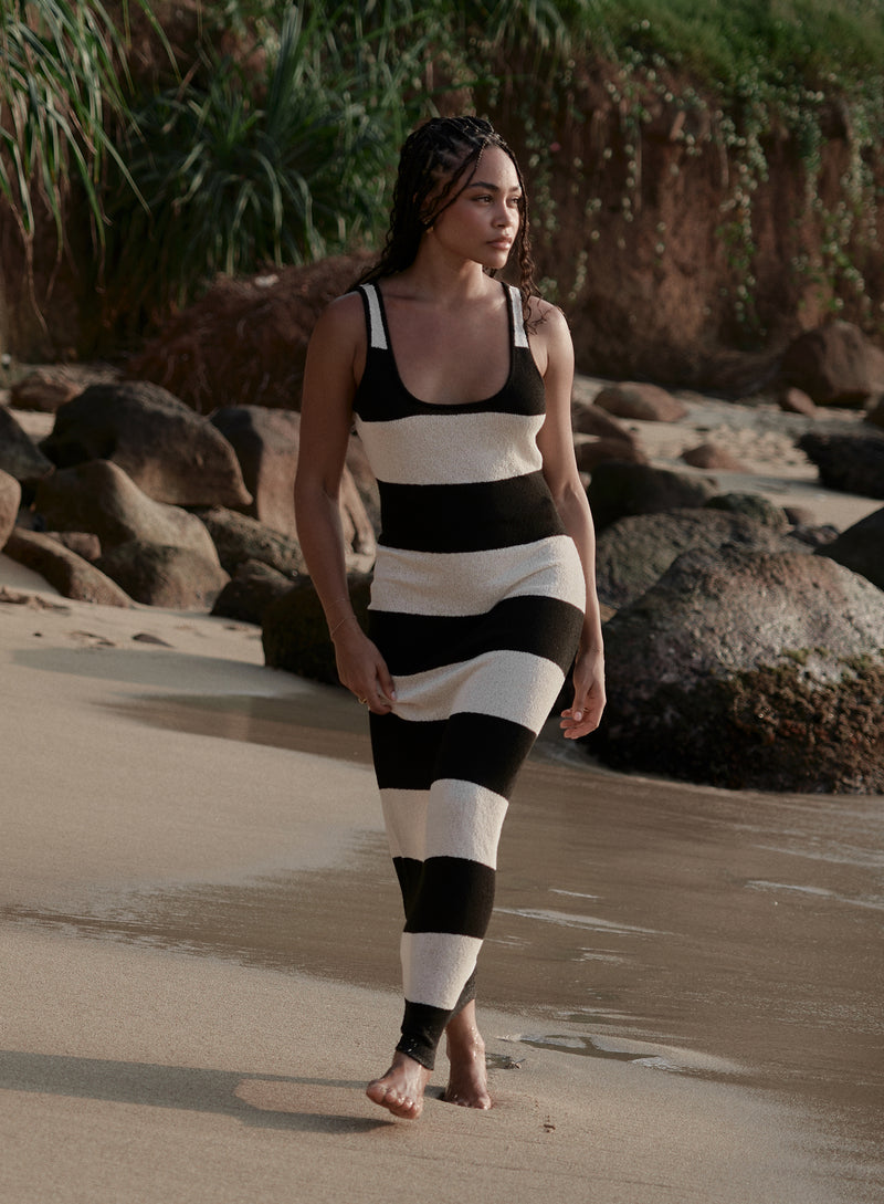 Black And White Striped Knit Maxi Dress- Maldives