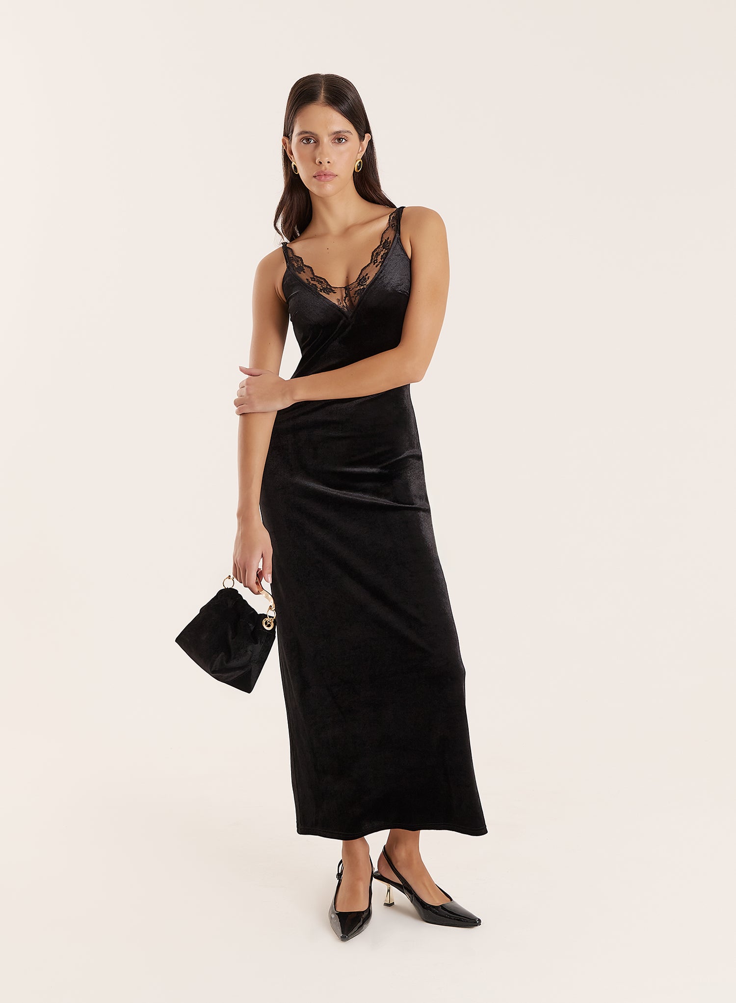 Women's Black Velvet Lace Trim Midaxi Dress | Lilou