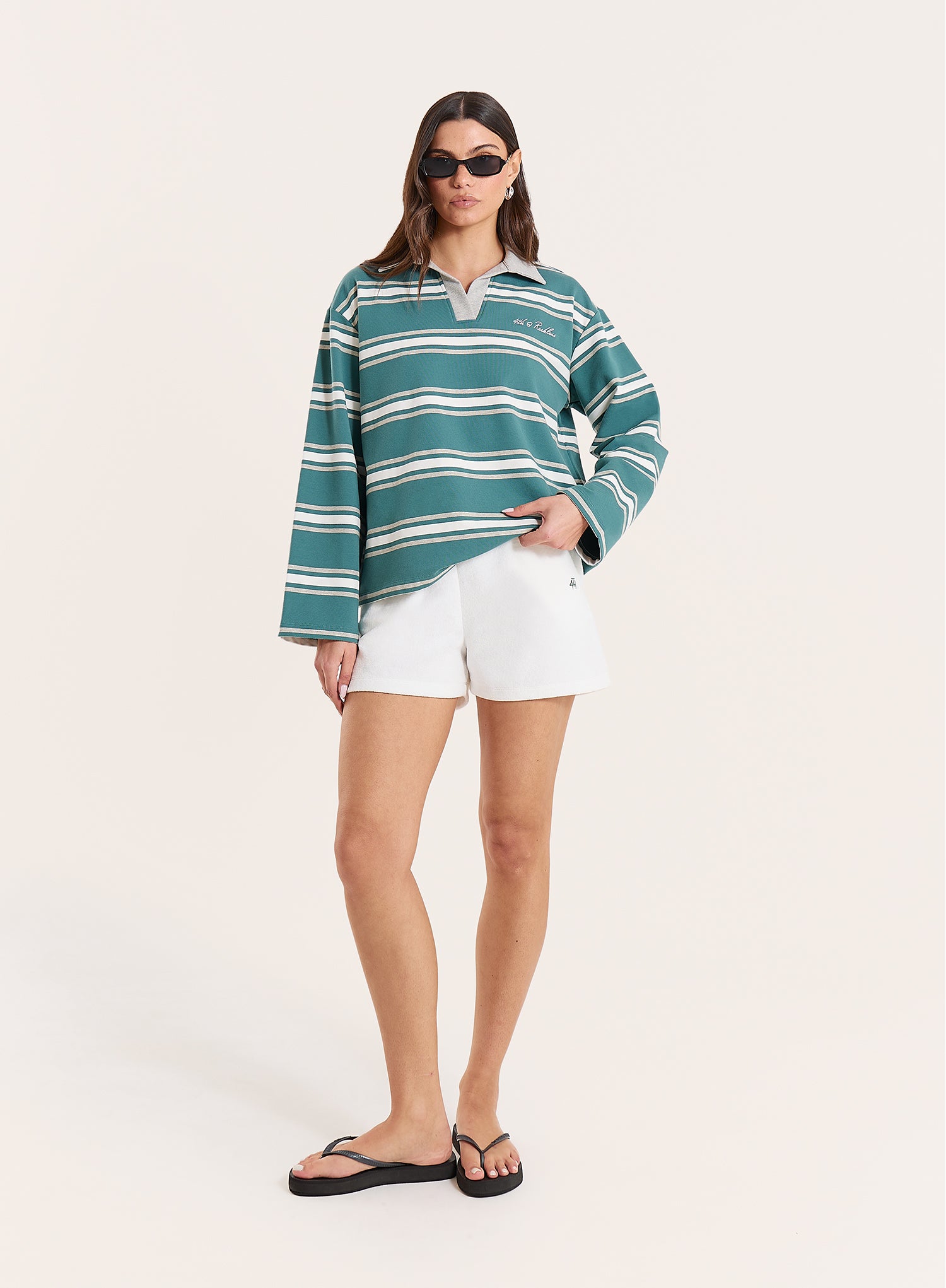 Green And White Stripe Branded Rugby Top