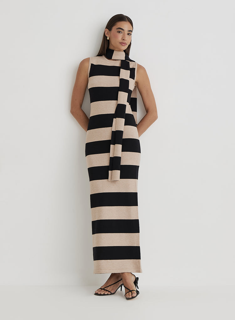 Striped Knitted Maxi Dress With Scarf- Fran