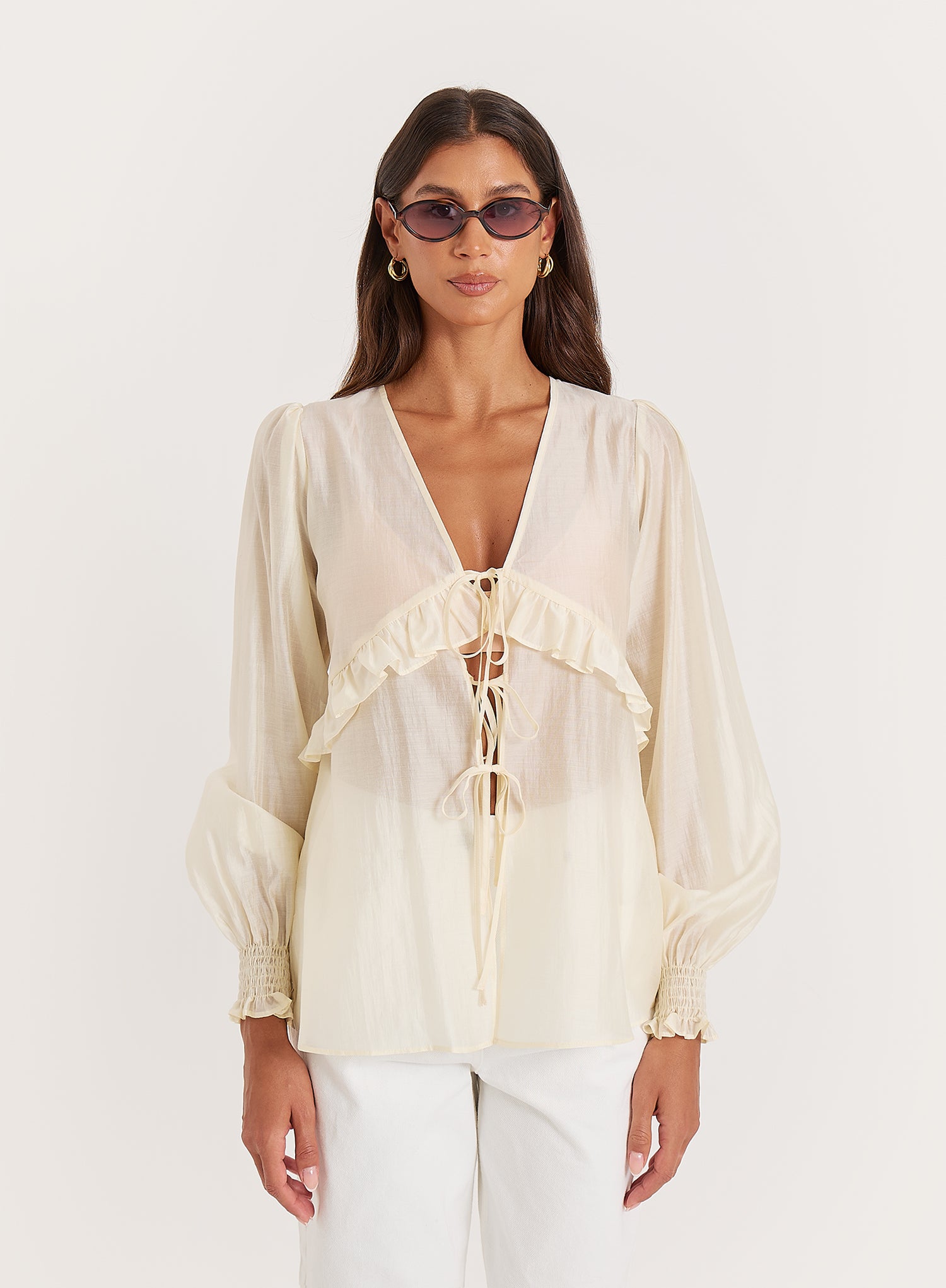 Buttercream Sheer Tie Front Blouse
