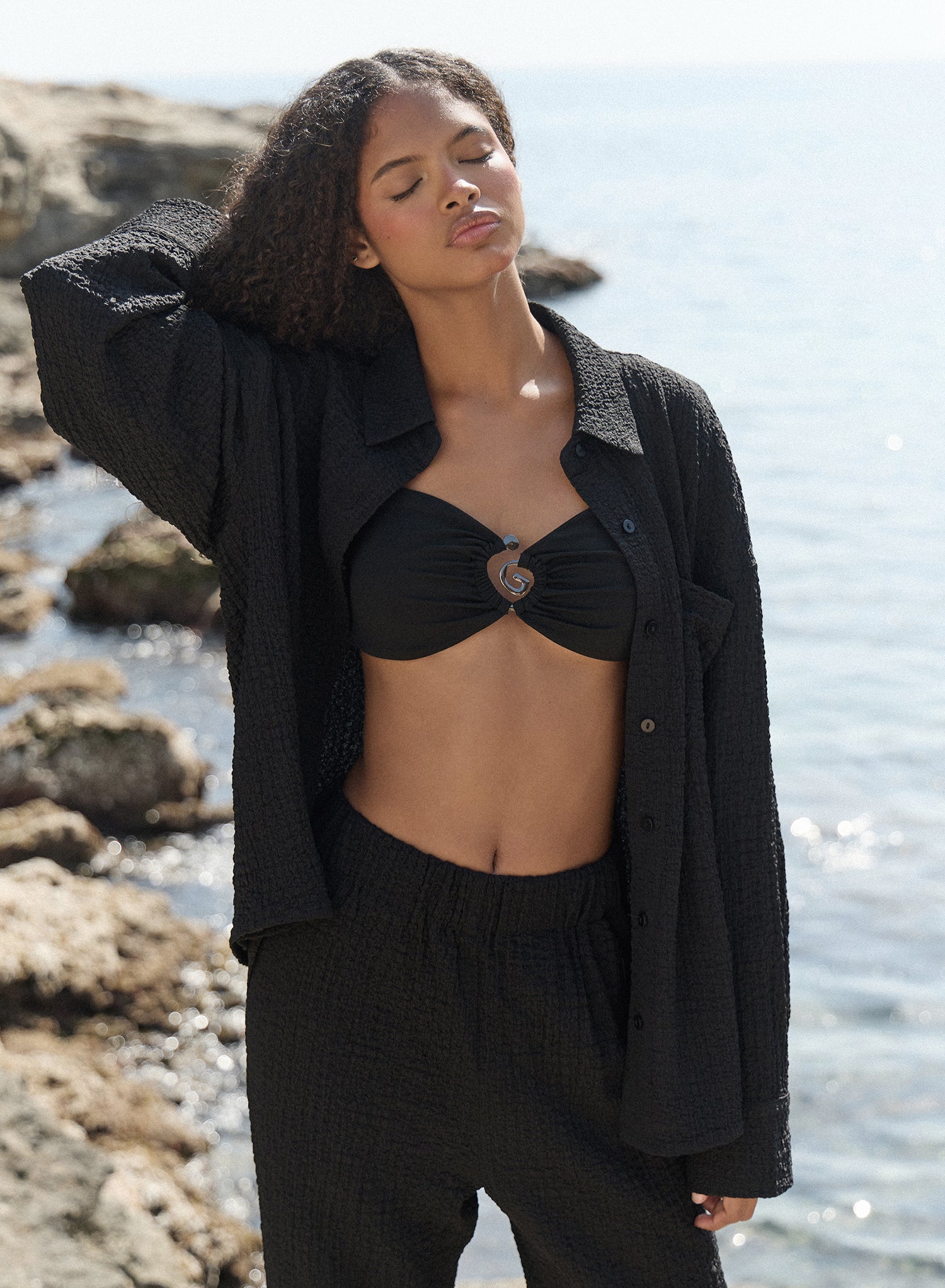 Black Crinkle Effect Buttoned Shirt- Roselle