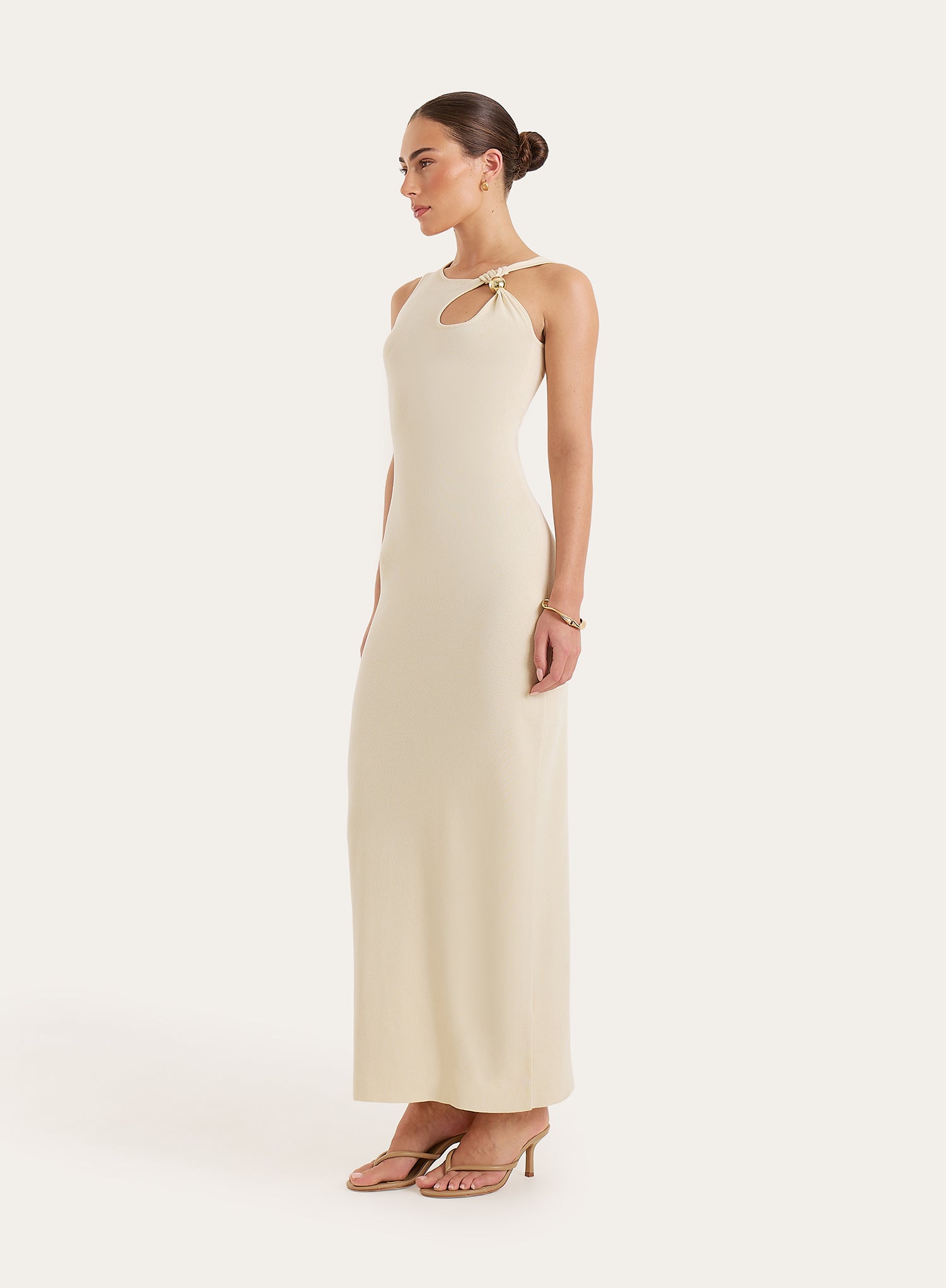 Cream Knitted Sleeveless Hardware Cut Out Maxi Dress