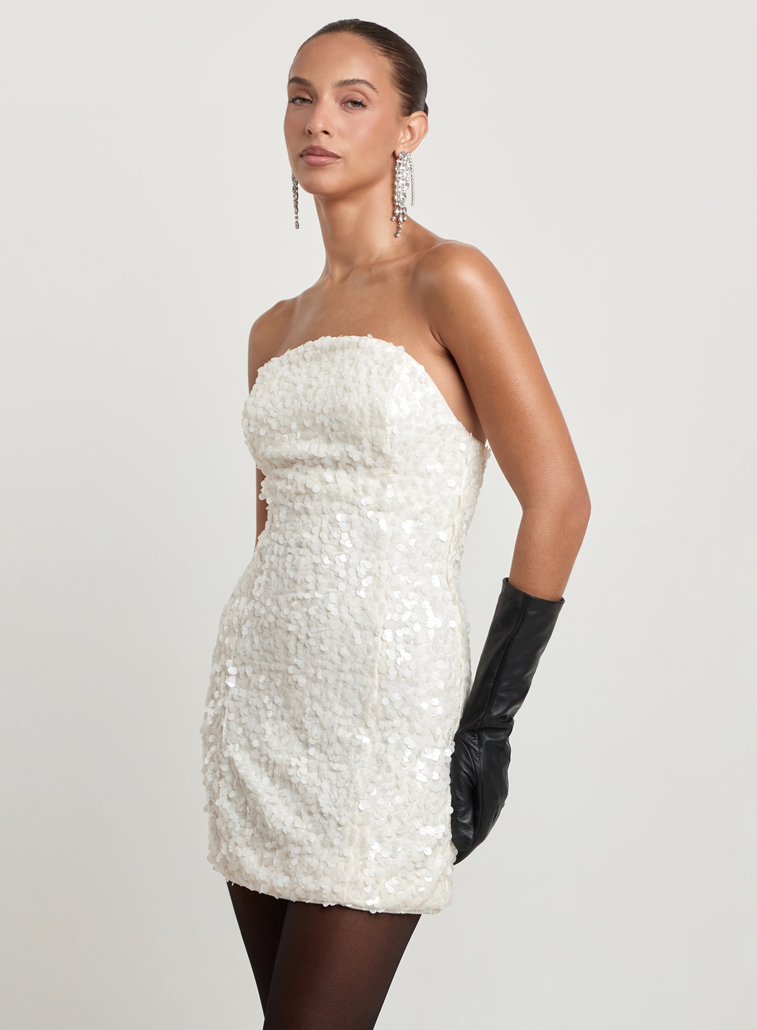 Cream Curved Bandeau Structured Sequin Mini Dress