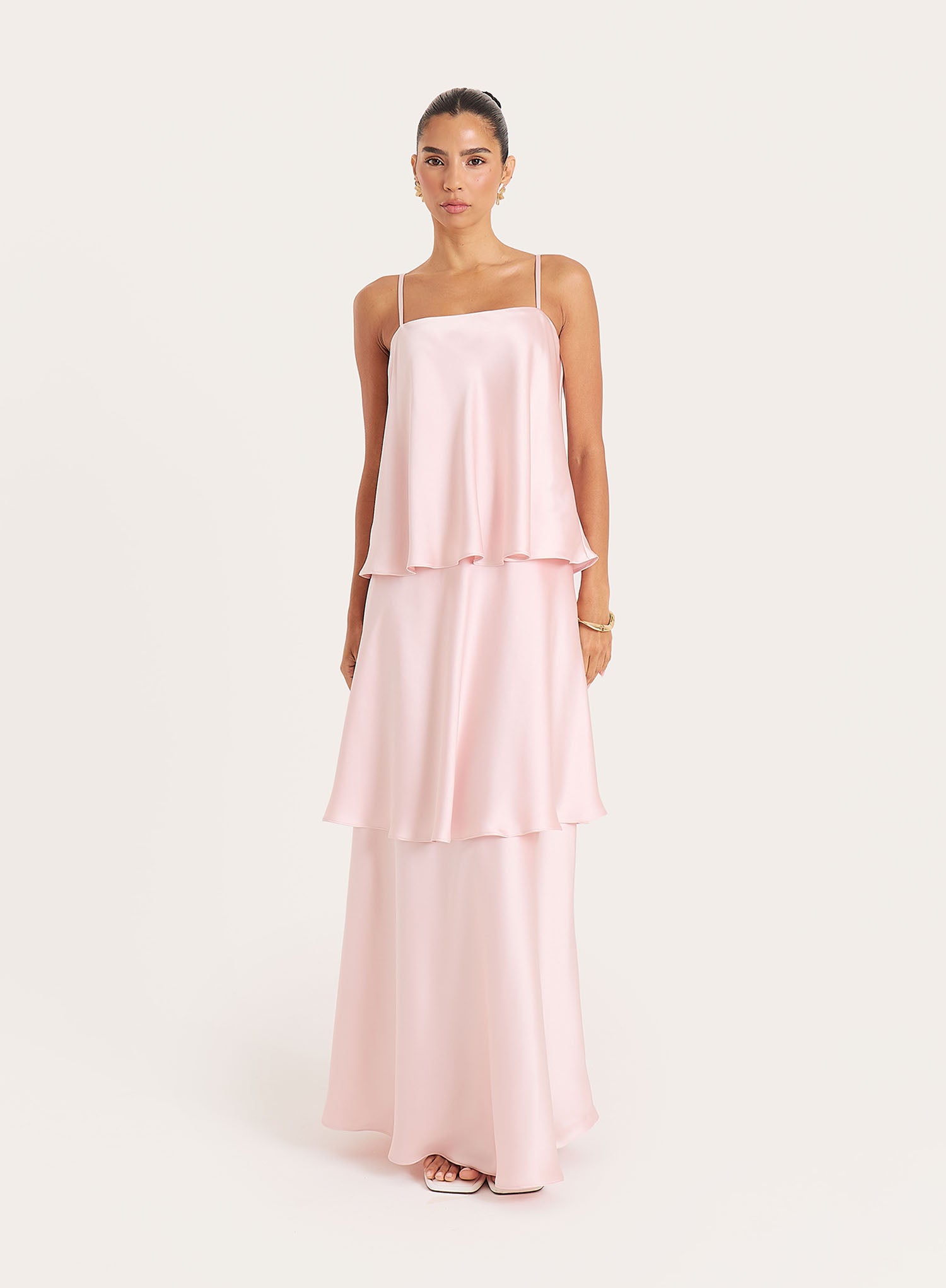 Pink Satin Tiered Maxi Dress