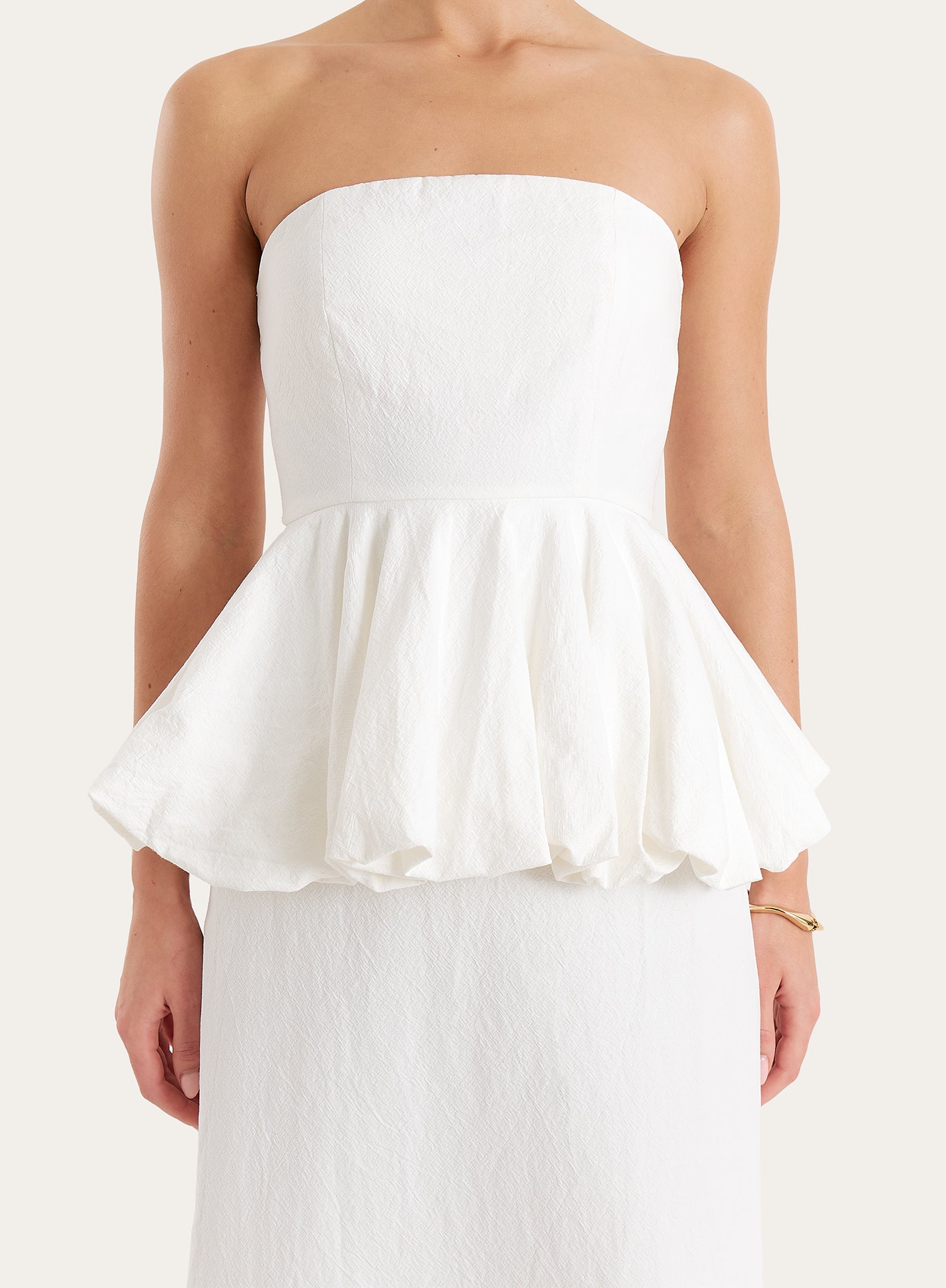 White Puff Ball Peplum Waist Maxi Dress