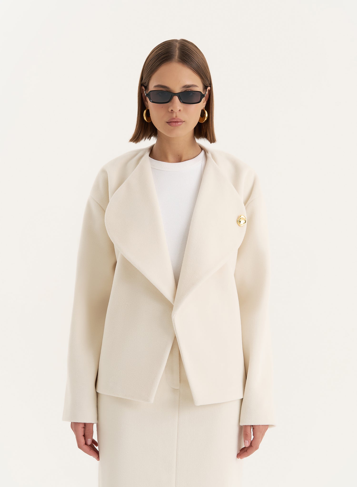 Cream Wool Blend Oversized Lapel Jacket- Shelly