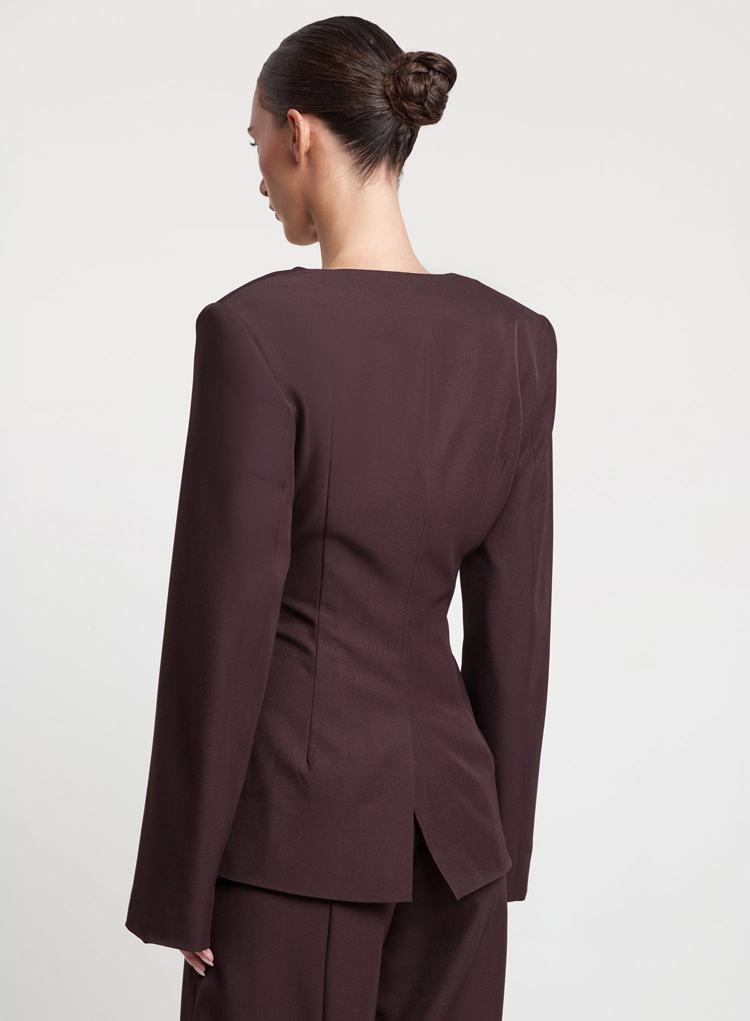 Plum Collarless Cinched Waist Blazer