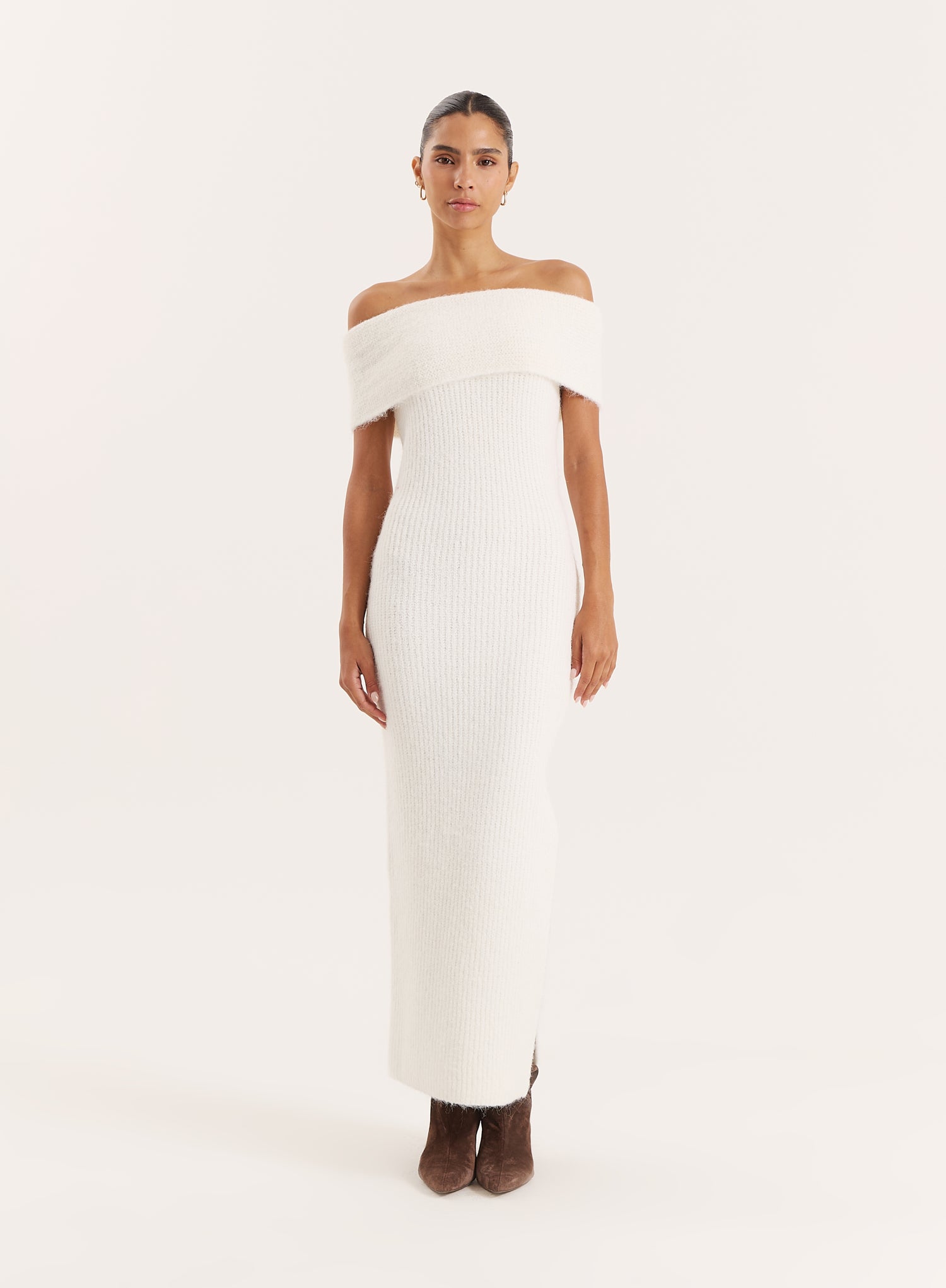 Cream Bardot Knitted Maxi Dress