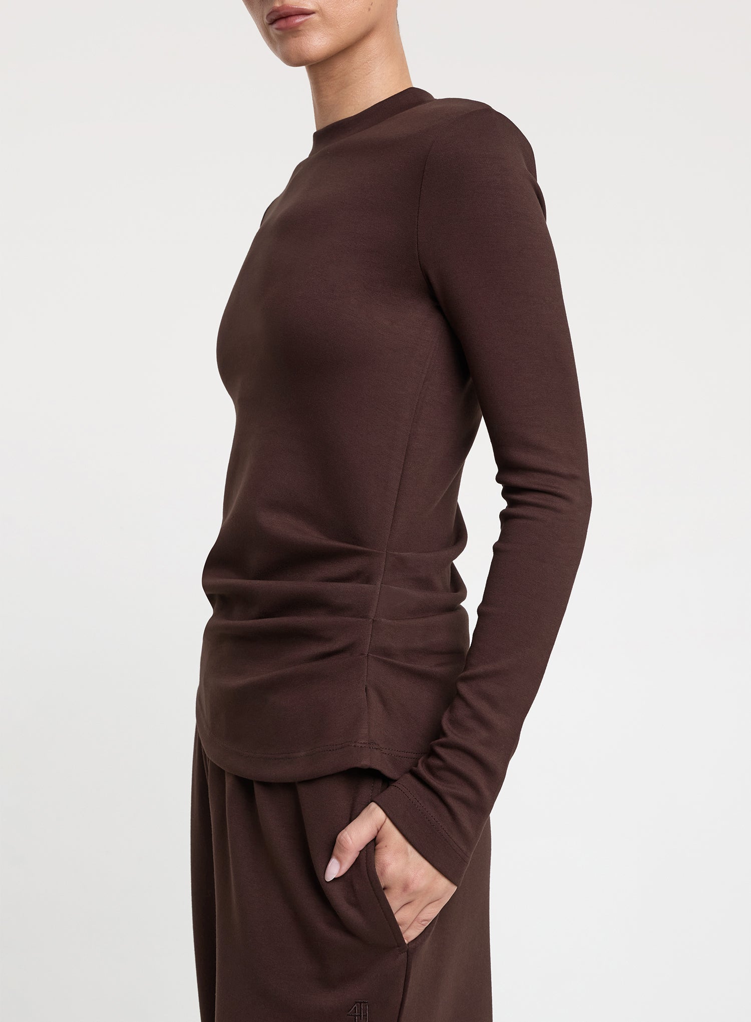 Chocolate Brown Ruched Side Long Sleeve Top