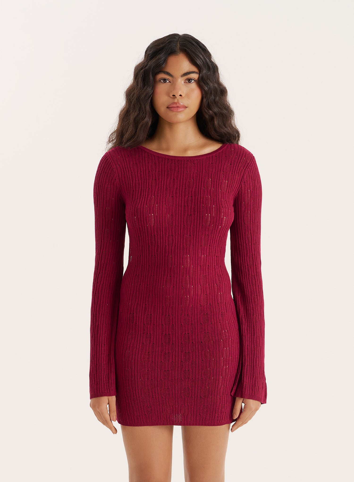 Burgundy Knitted Open Back Mini Dress- Simone