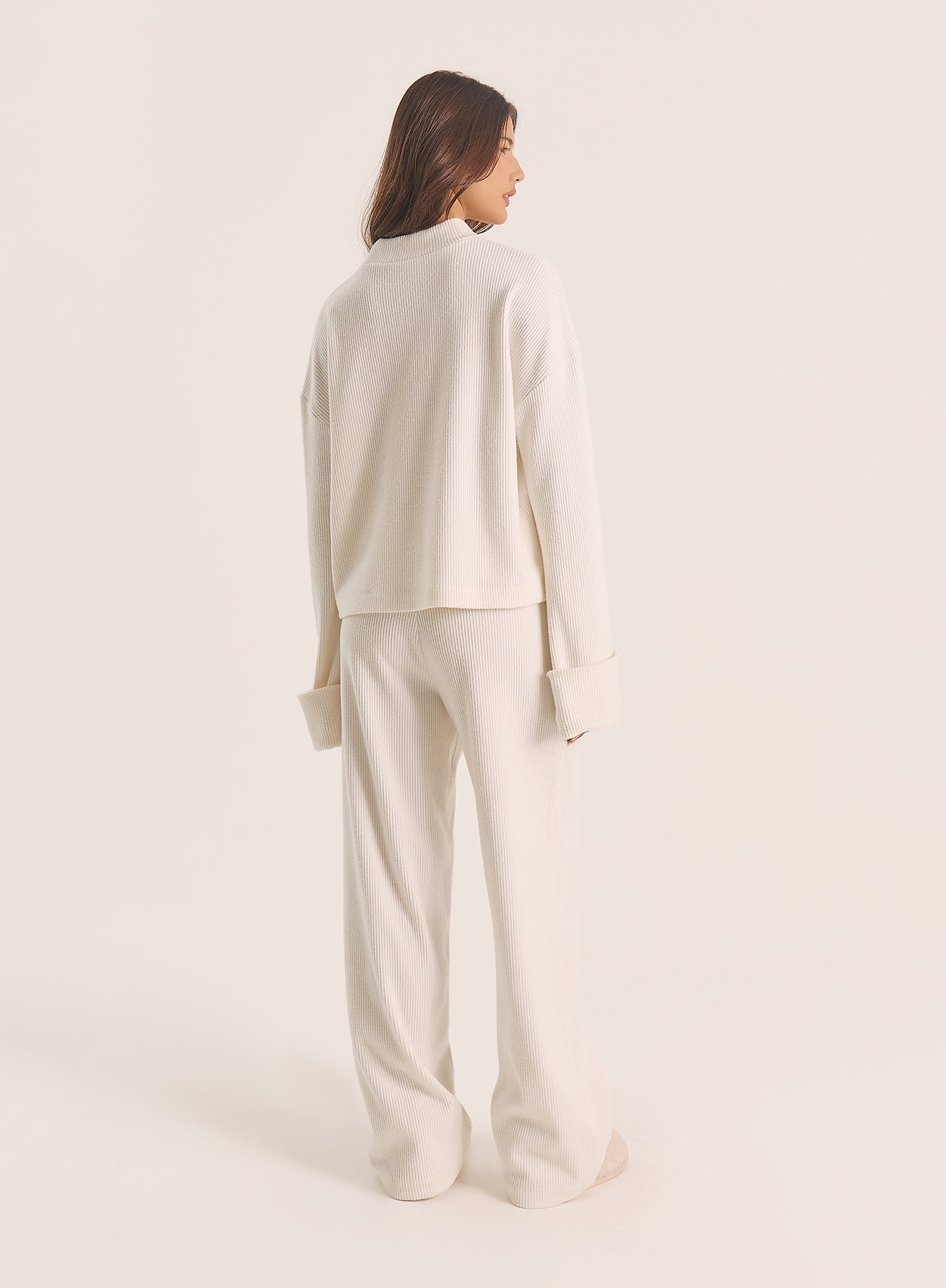 Ecru Foldover Waist Wide Leg Jersey Trousers