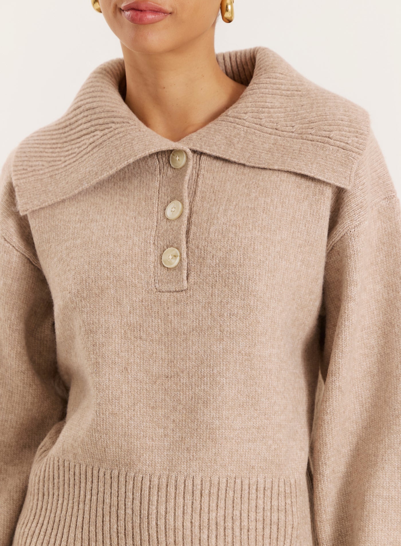 Beige Knitted Buttoned Collar Jumper