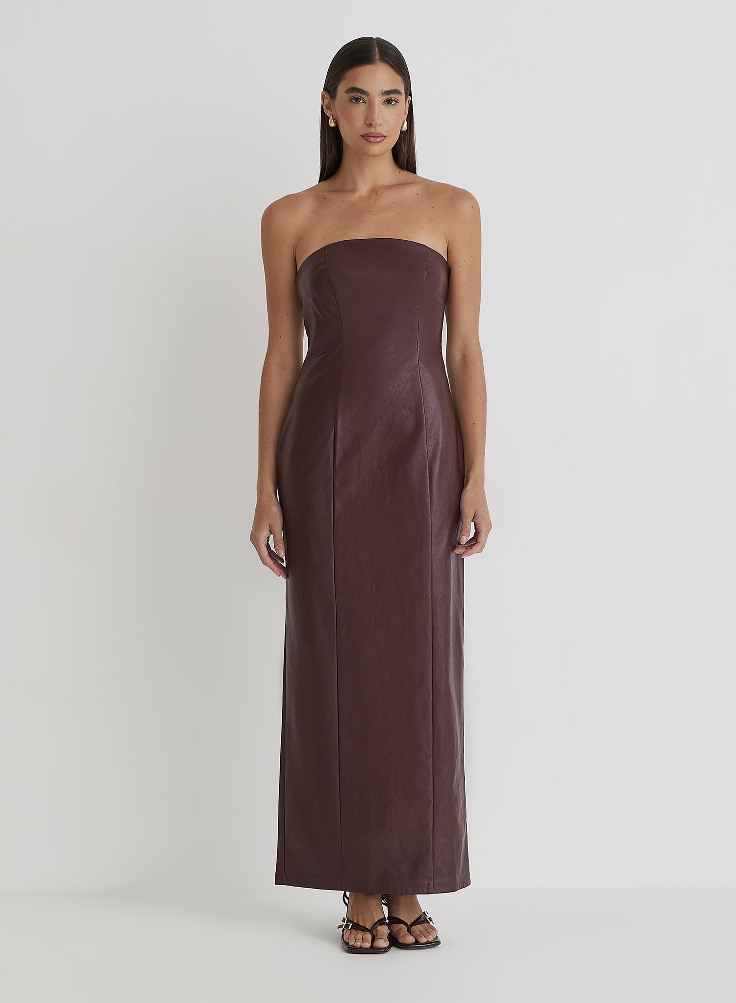 Burgundy Faux Leather Bandeau Maxi Dress- Karina