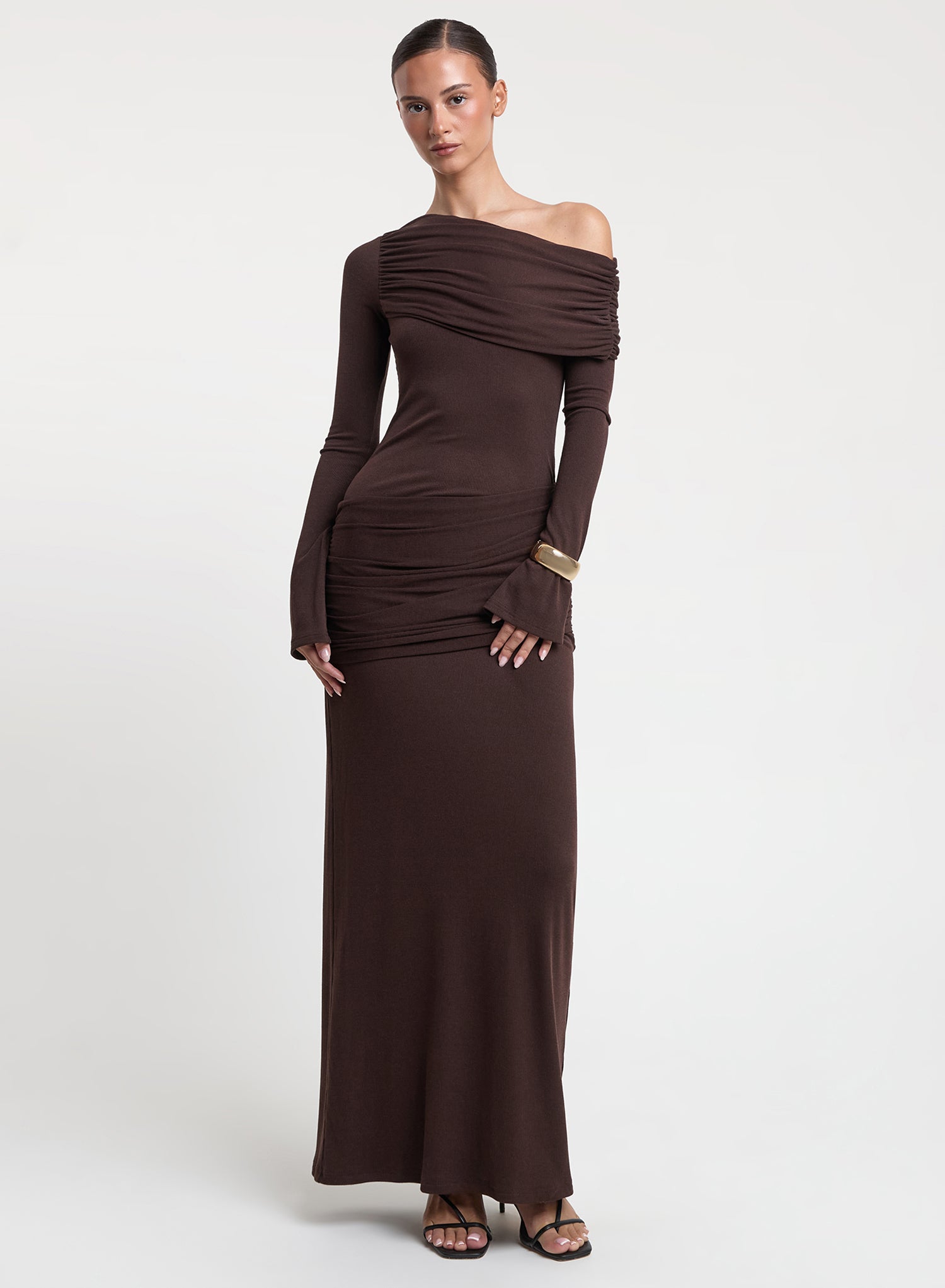 Chocolate Asymmetric Shoulder Waist Detail Maxi Dress
