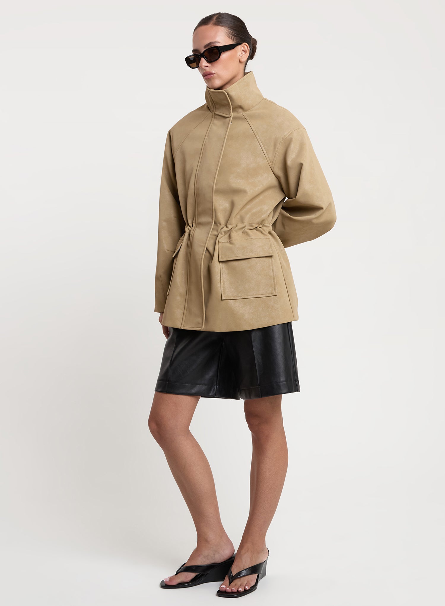 Beige Faux Suede Cinched Waist Funnel Neck Jacket