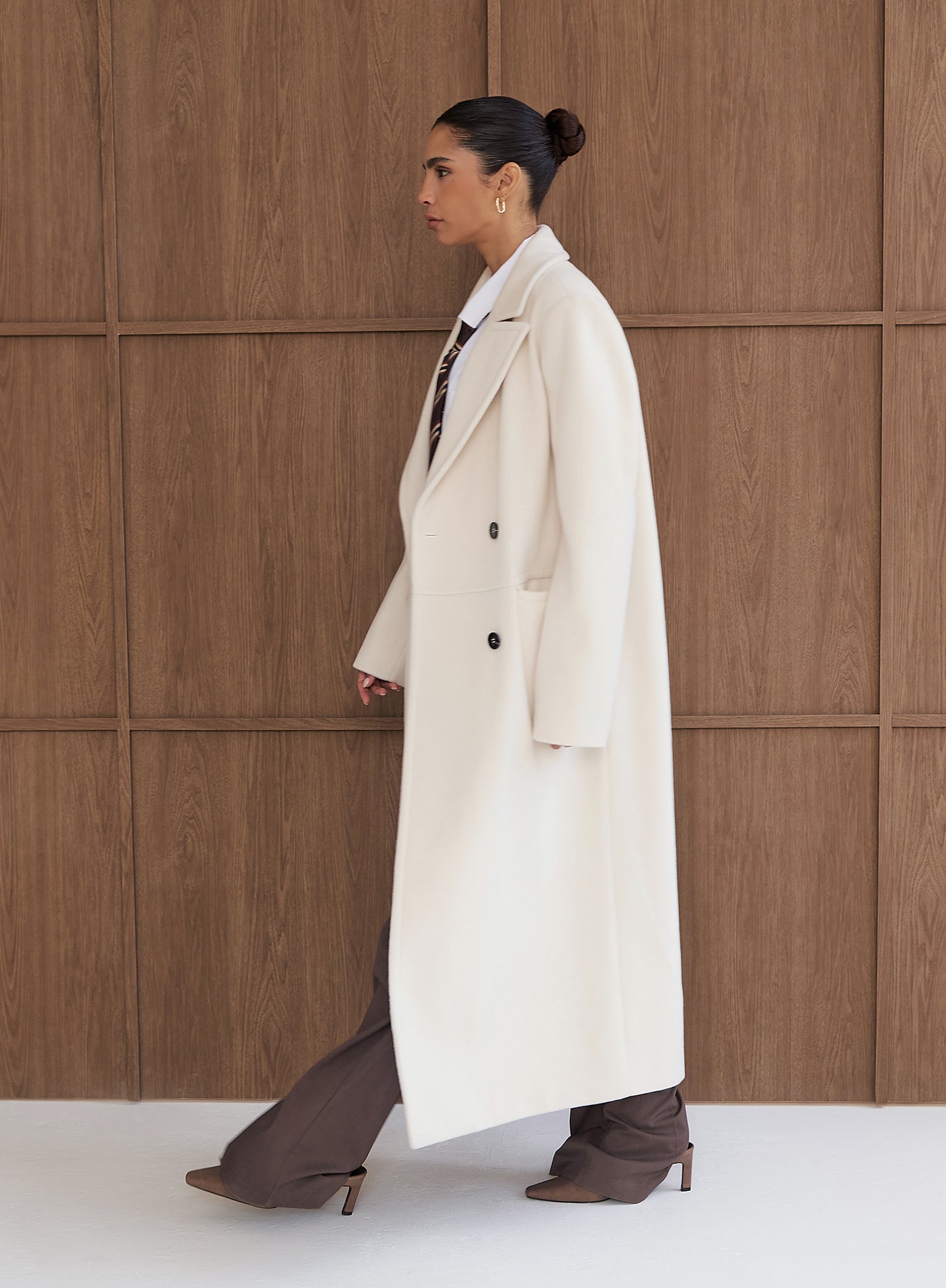 Cream Double-Breasted Longline Coat