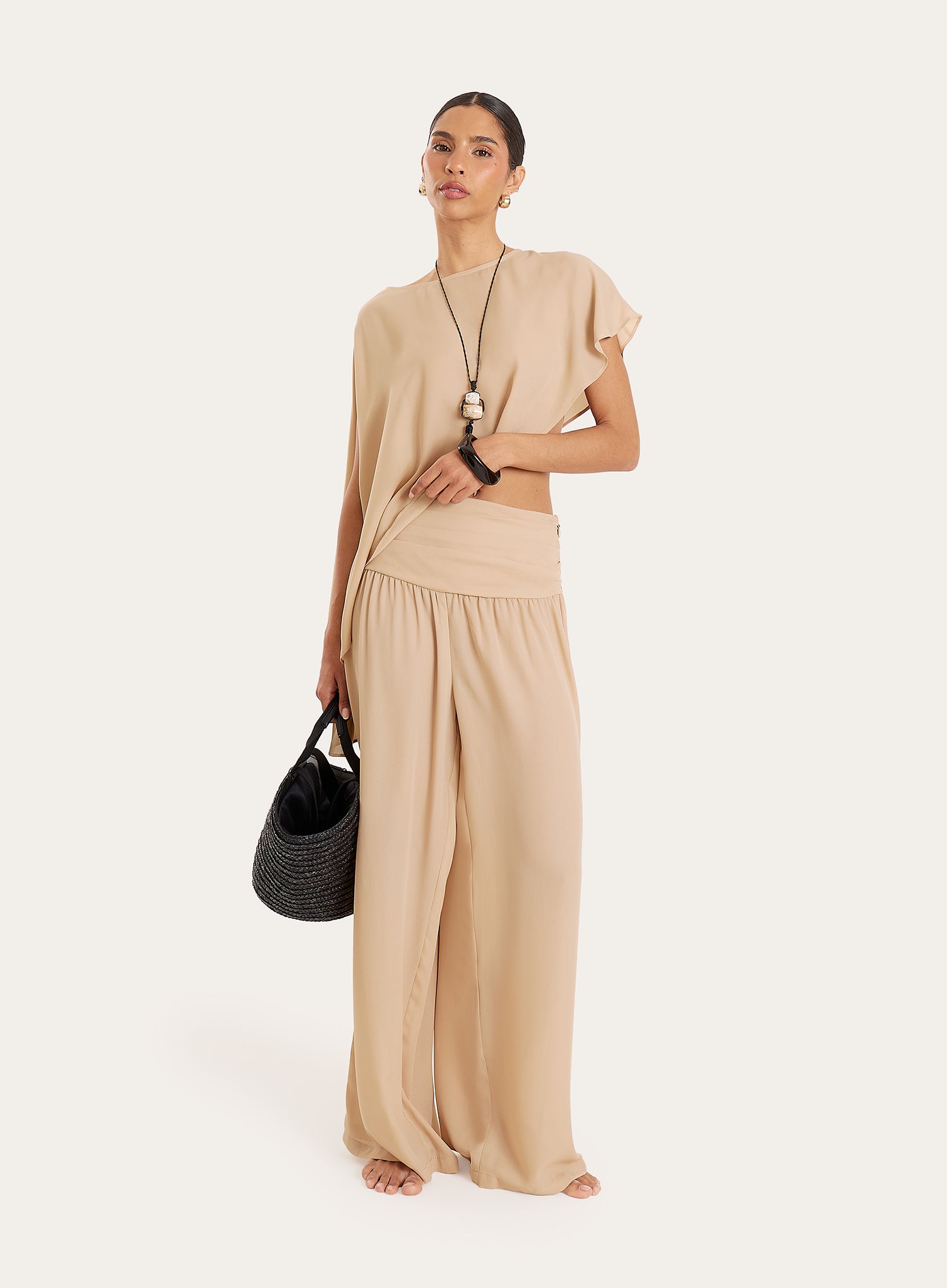 Beige Sheer Ruched Waist Wide Leg Trousers