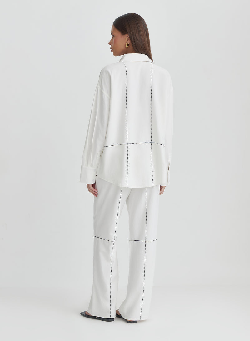 Off White Contrast Stitch Linen Trouser- Genevive