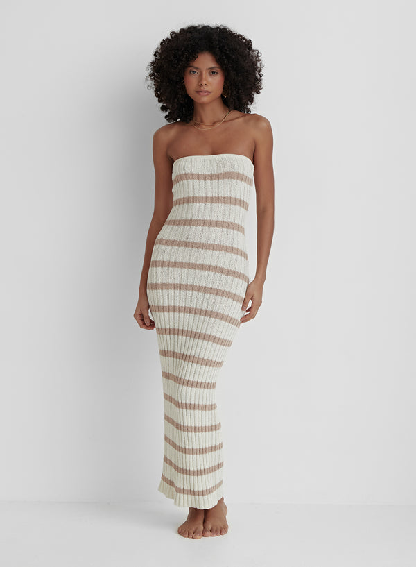 Cream And Beige Stripe Knit Dress- Como
