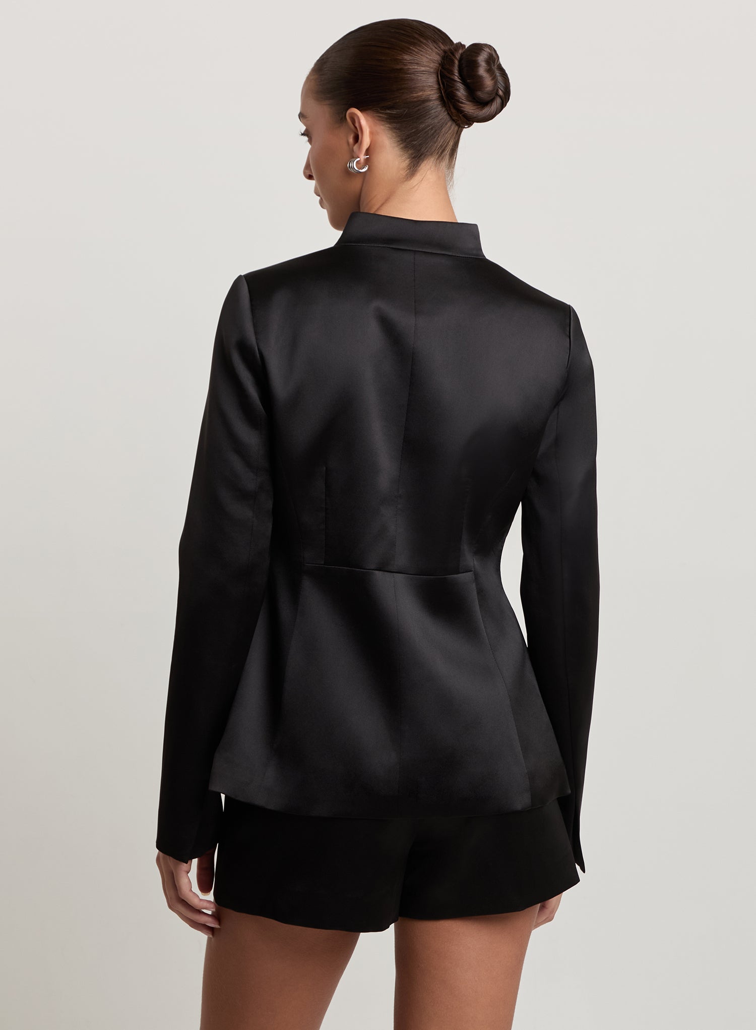 Black Satin Mandarin Collar Structured Jacket