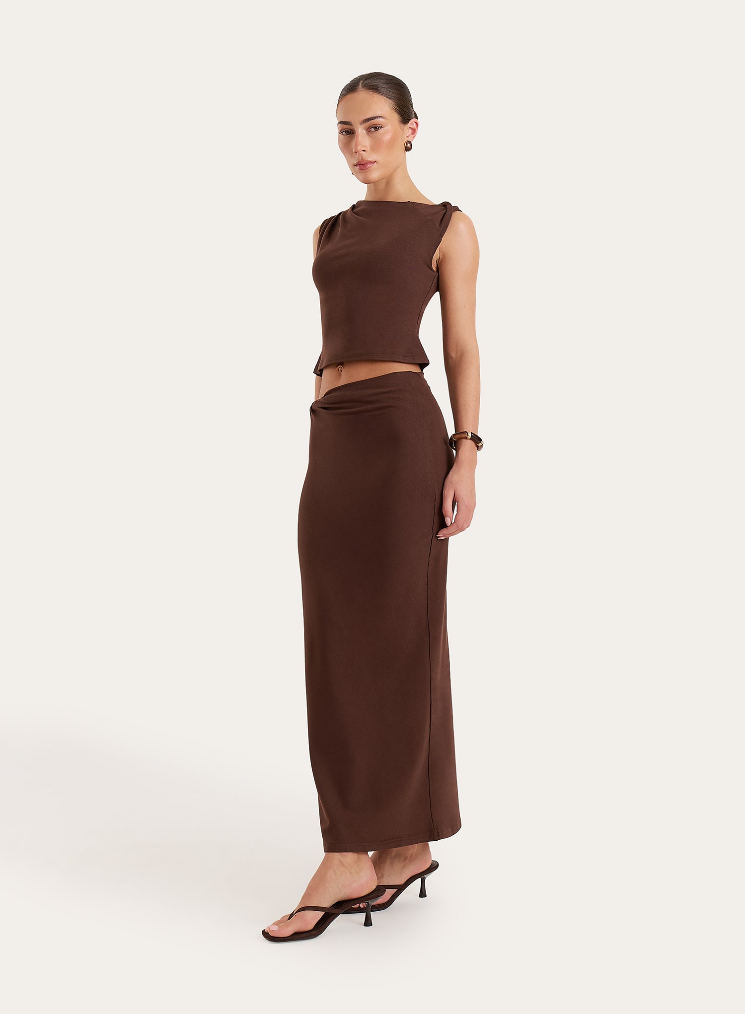 Chocolate Brown Jersey Twist Detail Maxi Skirt