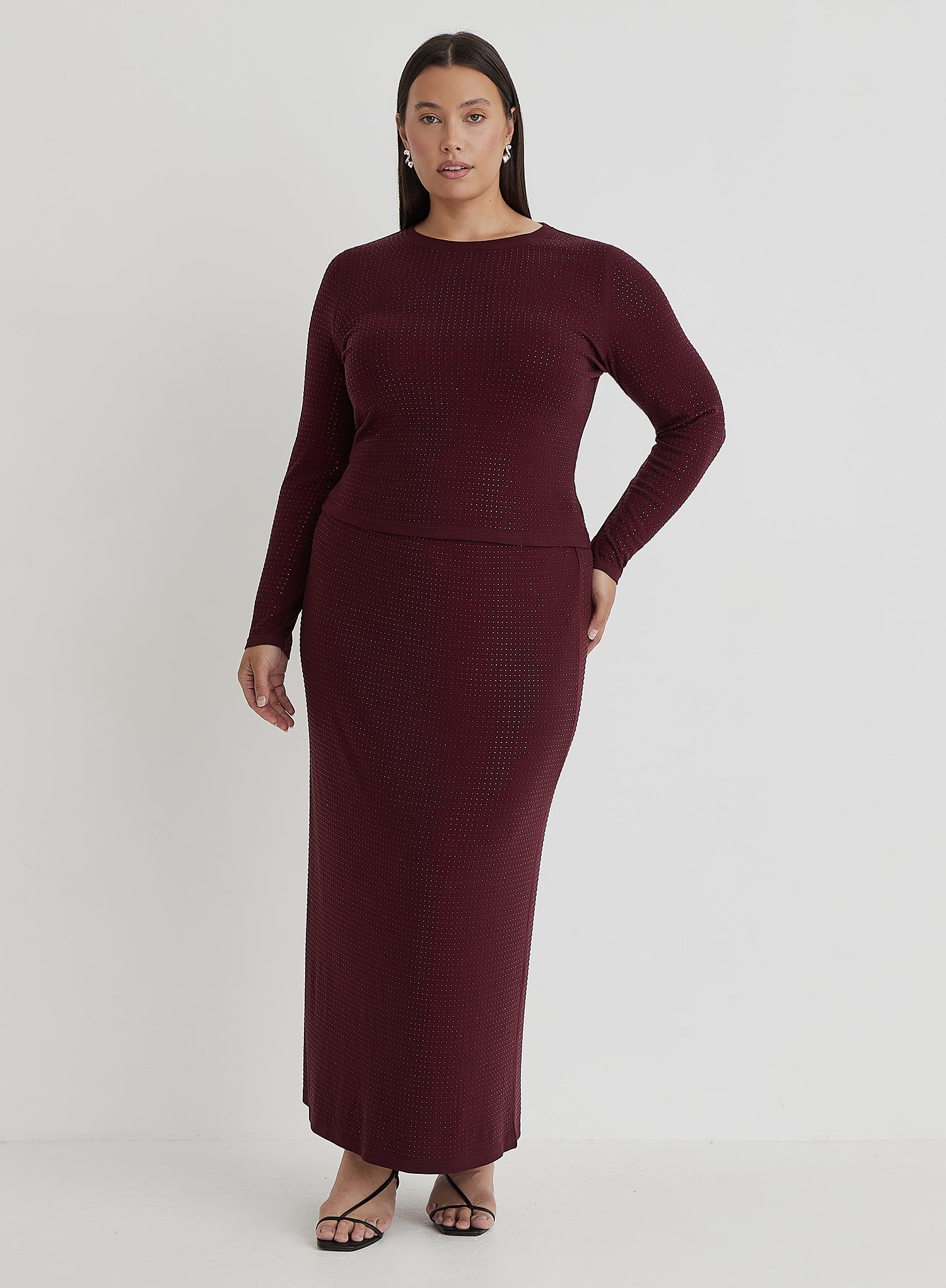 Burgundy Curve Embellished Long Sleeve Top- Indigo