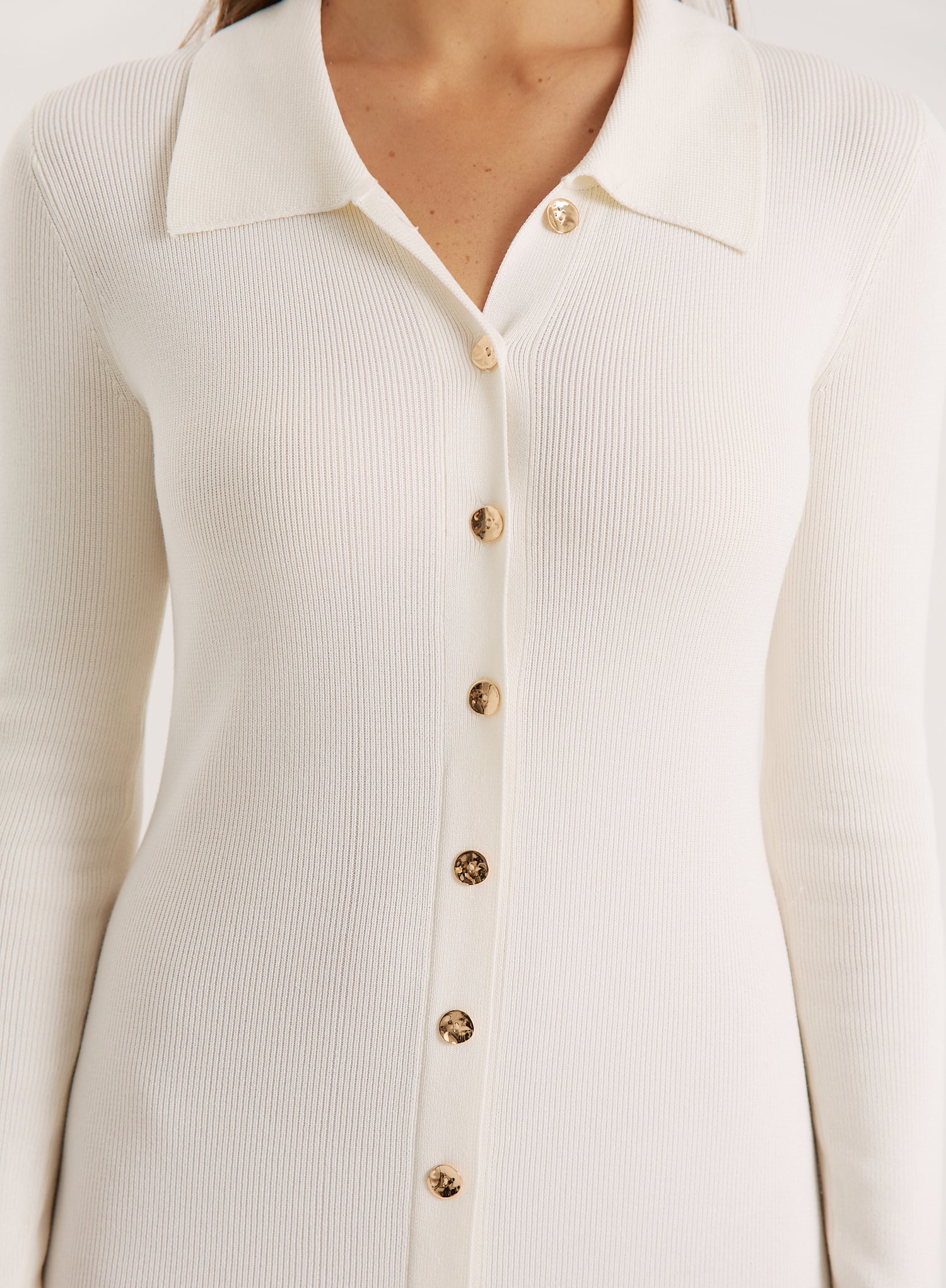Off White Collared Button Down Knitted Dress- Taye