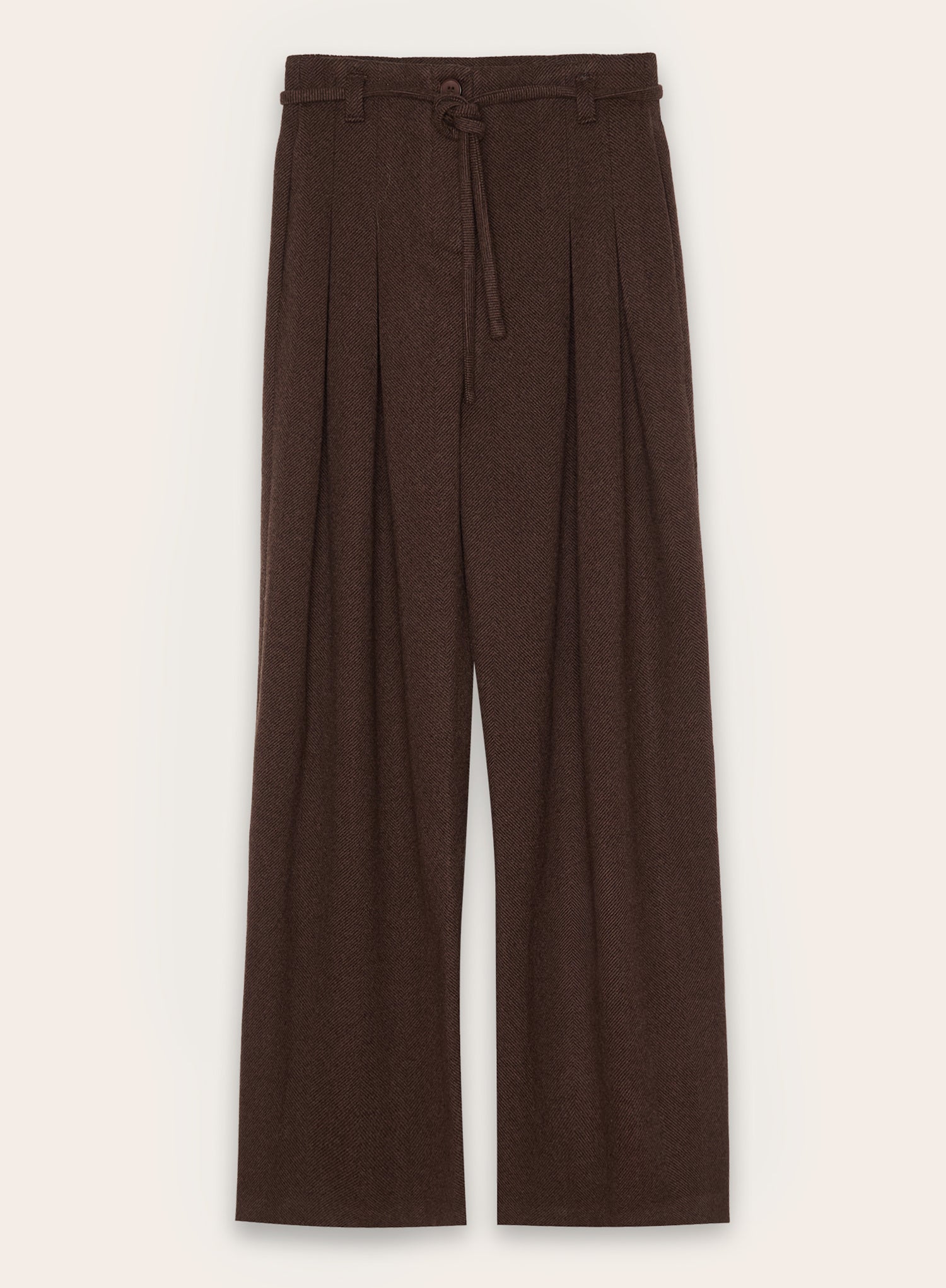 Chocolate Herringbone Tie Belt Wide Leg Trousers
