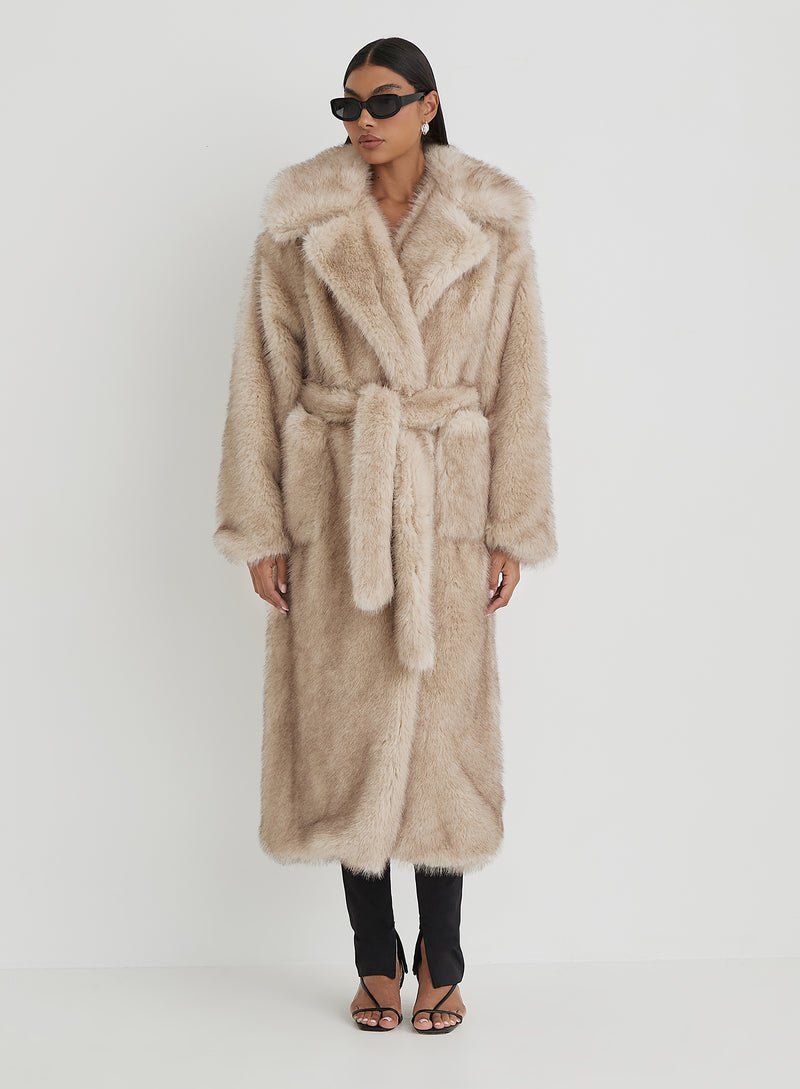 Beige Faux Fur Oversized Tie Waist Maxi Coat- Schiffer