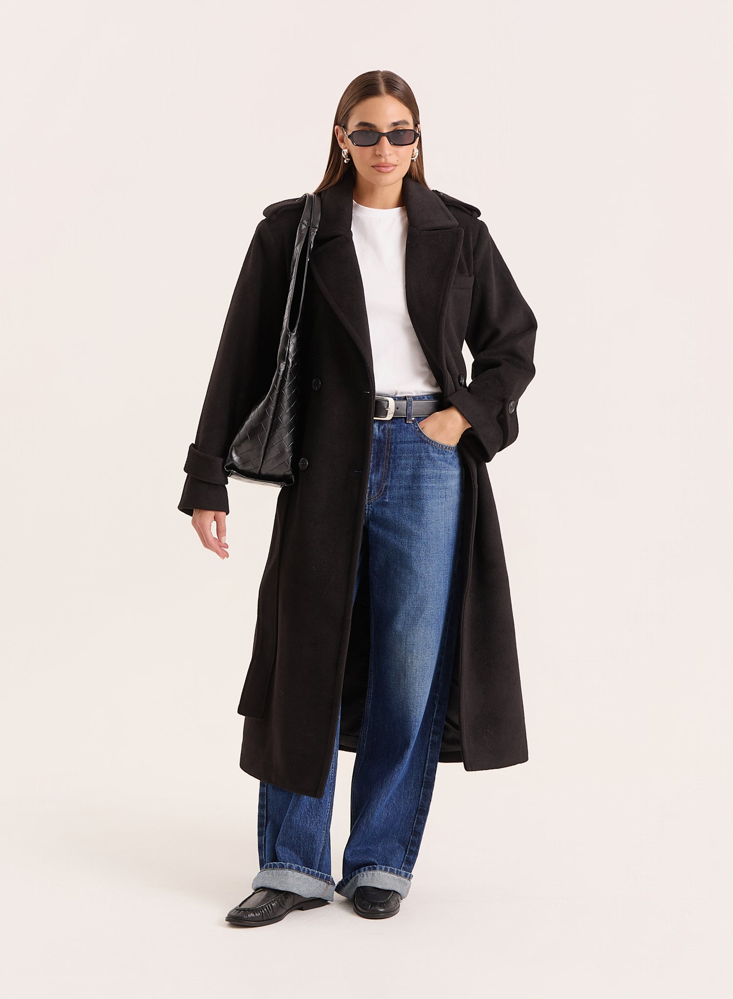 Black Tailored Belted Longline Trench Coat