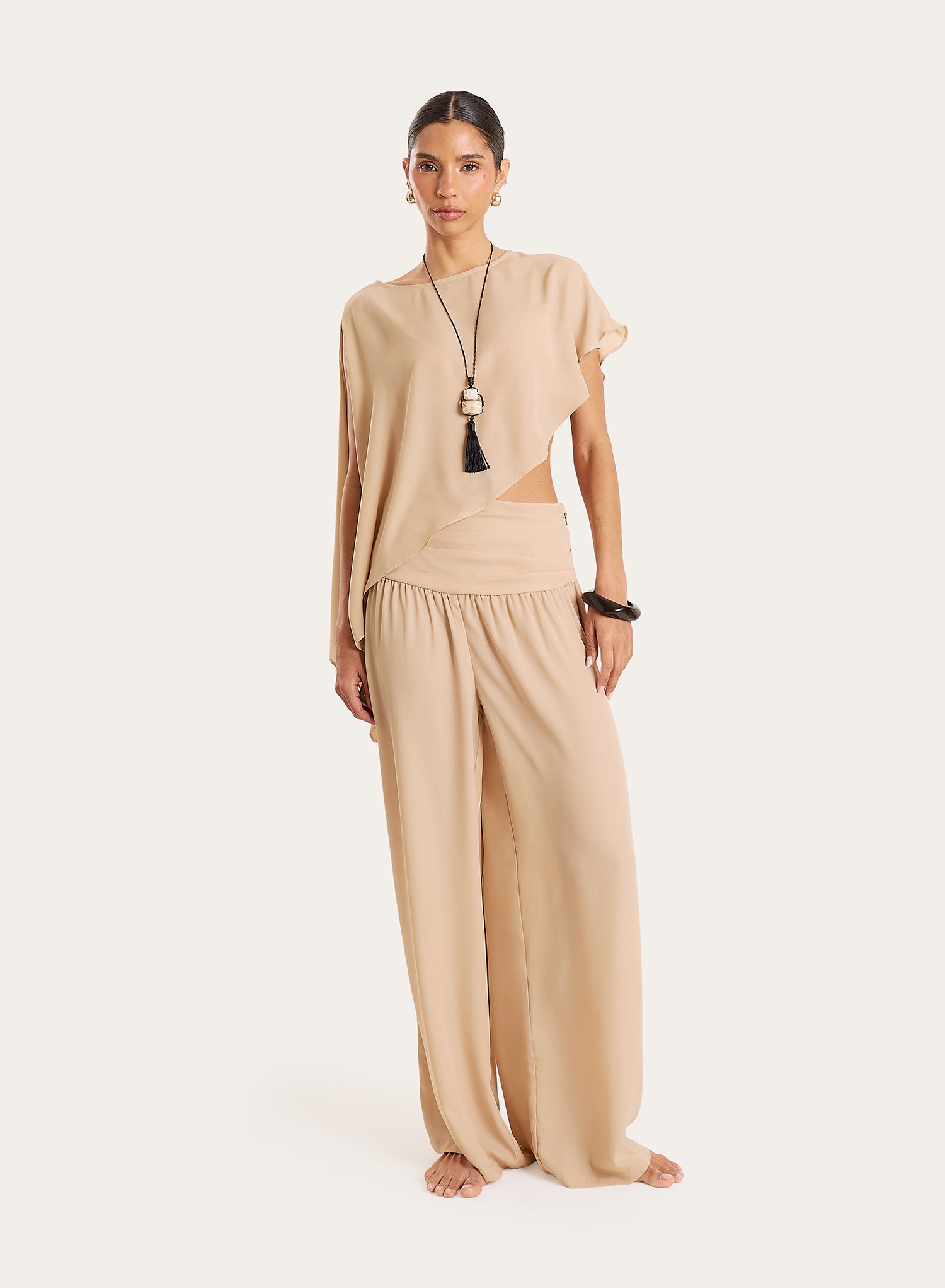 Beige Sheer Ruched Waist Wide Leg Trousers